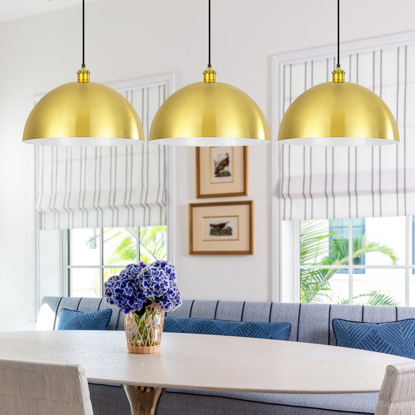 YOGIRL Gold Pendant Light, 16" Farmhouse Ceiling Light with Gold and White, Elegant Semi-Circular Shade Design, Adjustable Height Industrial Dome Pendant Lights for Kitchen Island, Dining Room