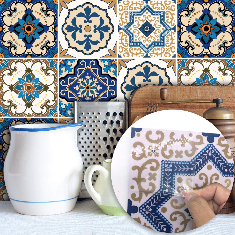 25 PCS Moroccan Style Tile Sticker, 4x4 Inch(10x10cm) Traditional DIY Murals, Tile Waterproof Oil Proof Removable Decals for Bathroom & Kitchen Backsplash (TS-029)
