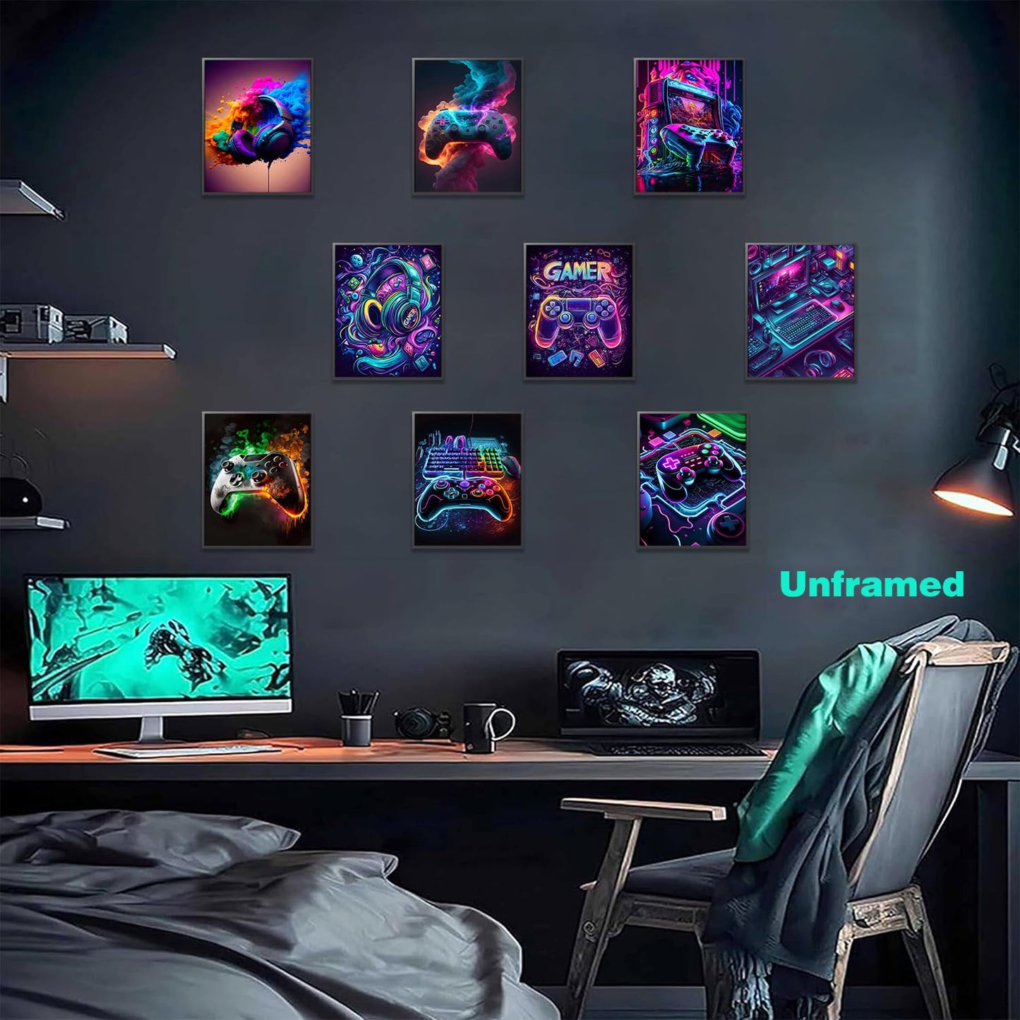 Gaming Room Canvas Wall Art Set of 9, Game Posters Wall Decor, Gamer Paintings Picture Print for Boys Room Kids Game Room Bedroom Boys Home Decoration 8x10In Unframed