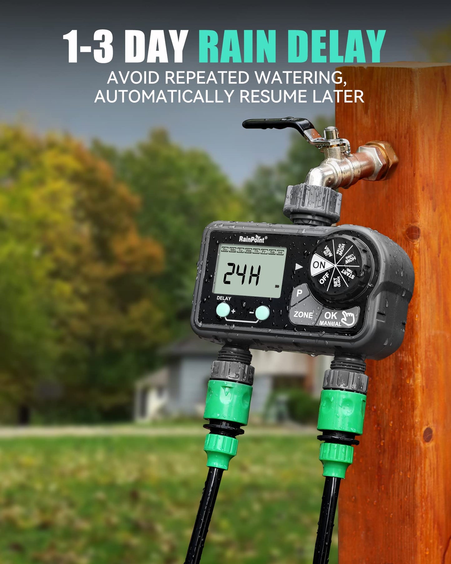 RAINPOINT Sprinkler Timer with 3 Different Programs, Hose Timer for Garden Hose with Rain Delay/Manual Watering/Automatic Irrigation System for Garden, 2 Outlet