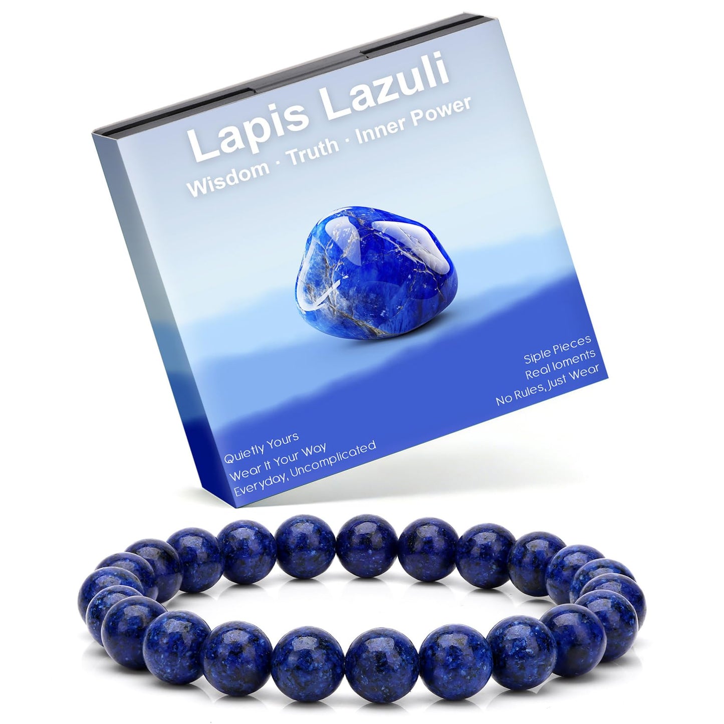 Risyfjew 8MM Handmade Lapis Lazuli Natural Gemstone Stretch Elastic Bracelet,PE Film Anti-oxidation Packaging Natural Stone Crystal Healing Power Energy Gifts for Adult