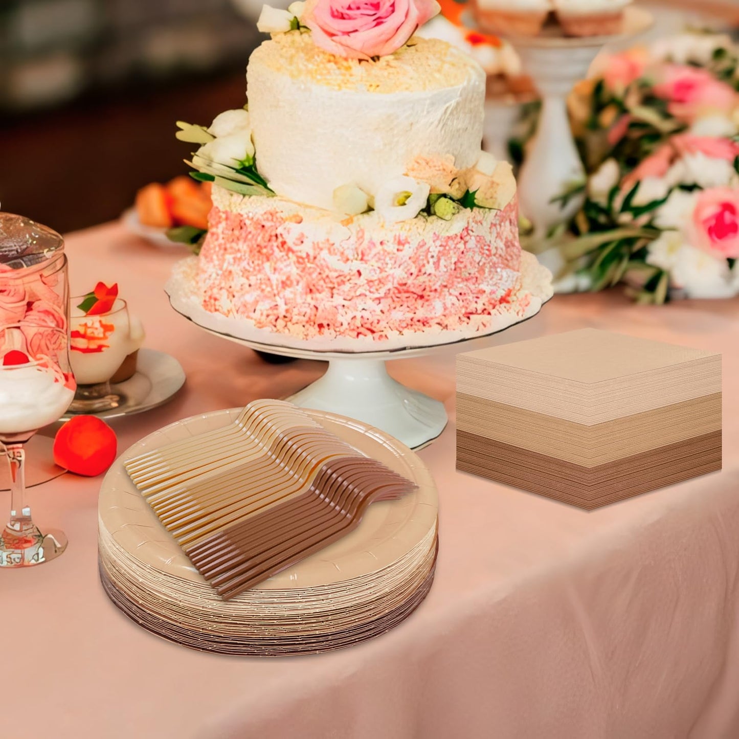WXLDGHQ Serves 35 Guests Gradient Brown Plates and Napkins Party Supplies,7" Gradient Brown Birthday Dessert Paper Plates and Napkins,Disposable Party Dinnerware for Wedding,Graduation