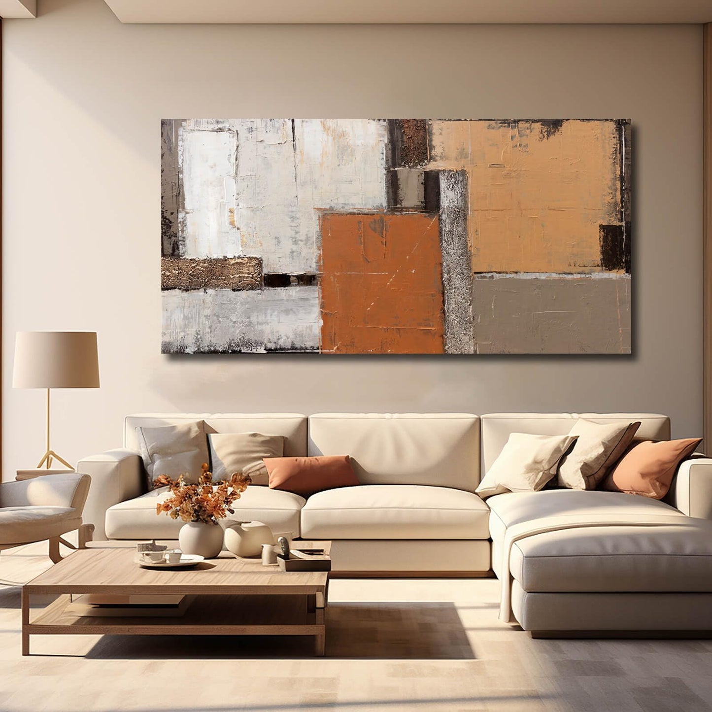 Artexist Orange Abstract Canvas Photo Prints Living Room White Artwork Brown Block Painting for Room 29"x 58" Office Wall Art Bedroom Hallway Decor