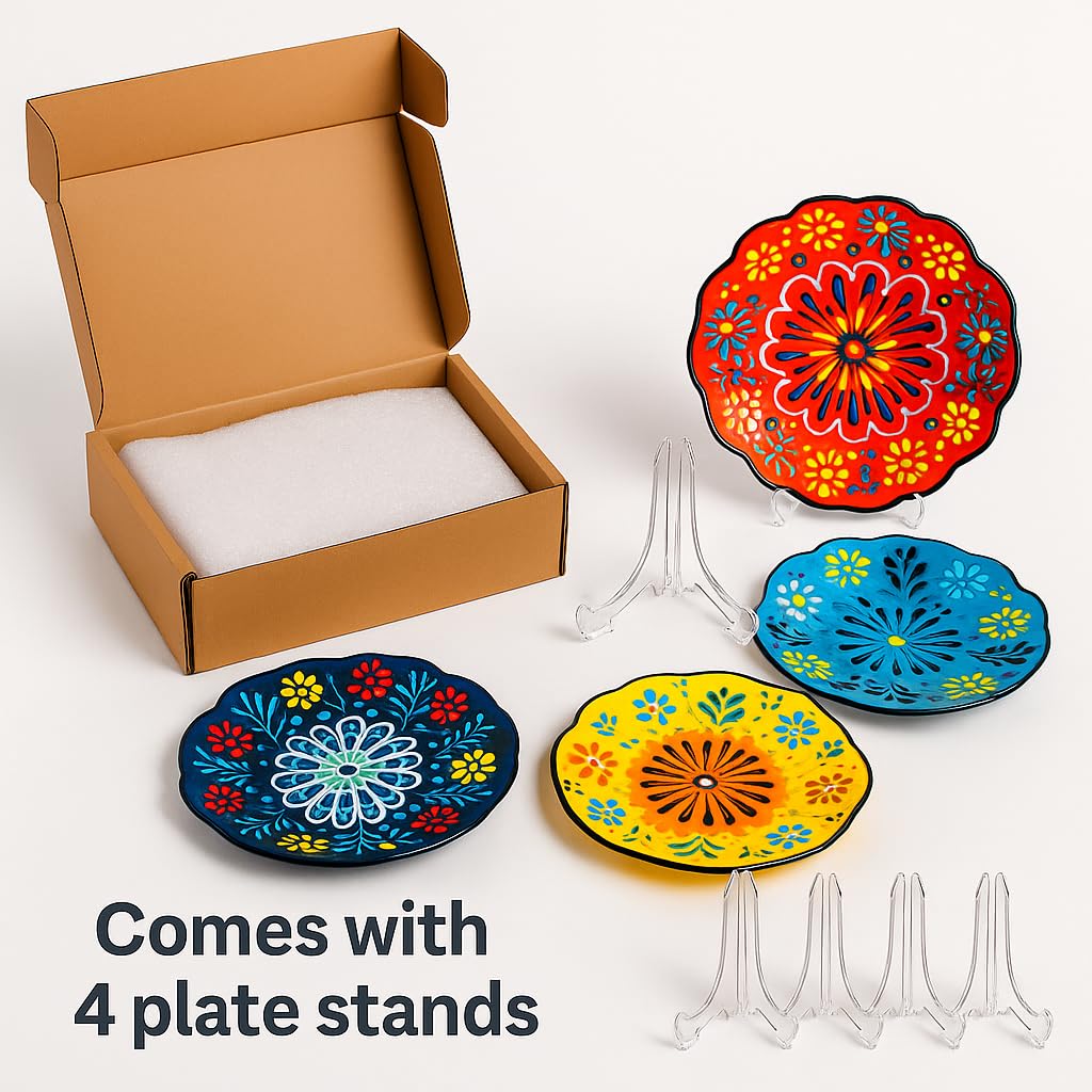 Ayennur 4-Piece 5-Inch Handmade Turkish Ceramic Plate Set – Wall & Table Decor & Jewelry/Ring Dish – Decorative Rings & Jewelry Tray Set