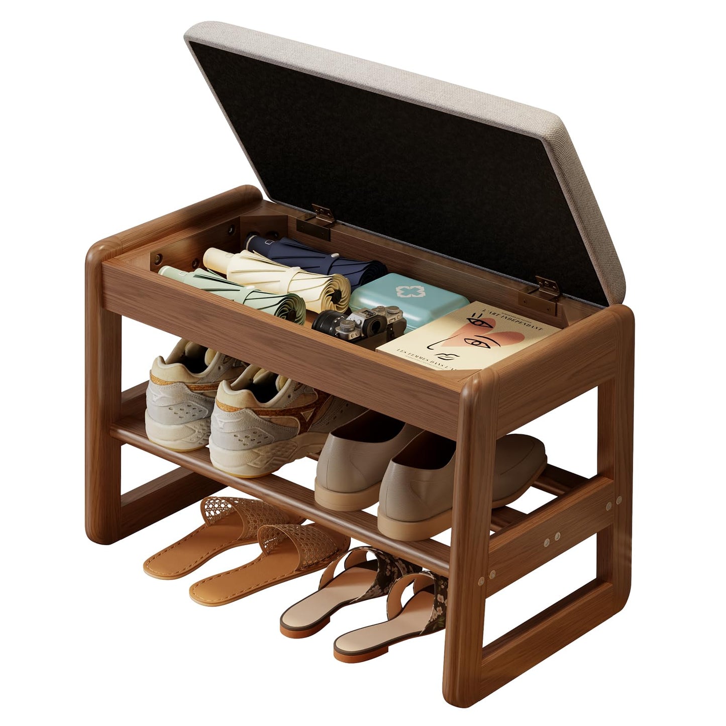 AQIMUELE Shoe Rack Bench,2 Tiers Shoe Bench with Storage with Flip-Top,Wood Shoe Rack for Entryway,Hallway（Walnut Upholstered Seat,11.8" D x 23.62" W x 15.7" H）