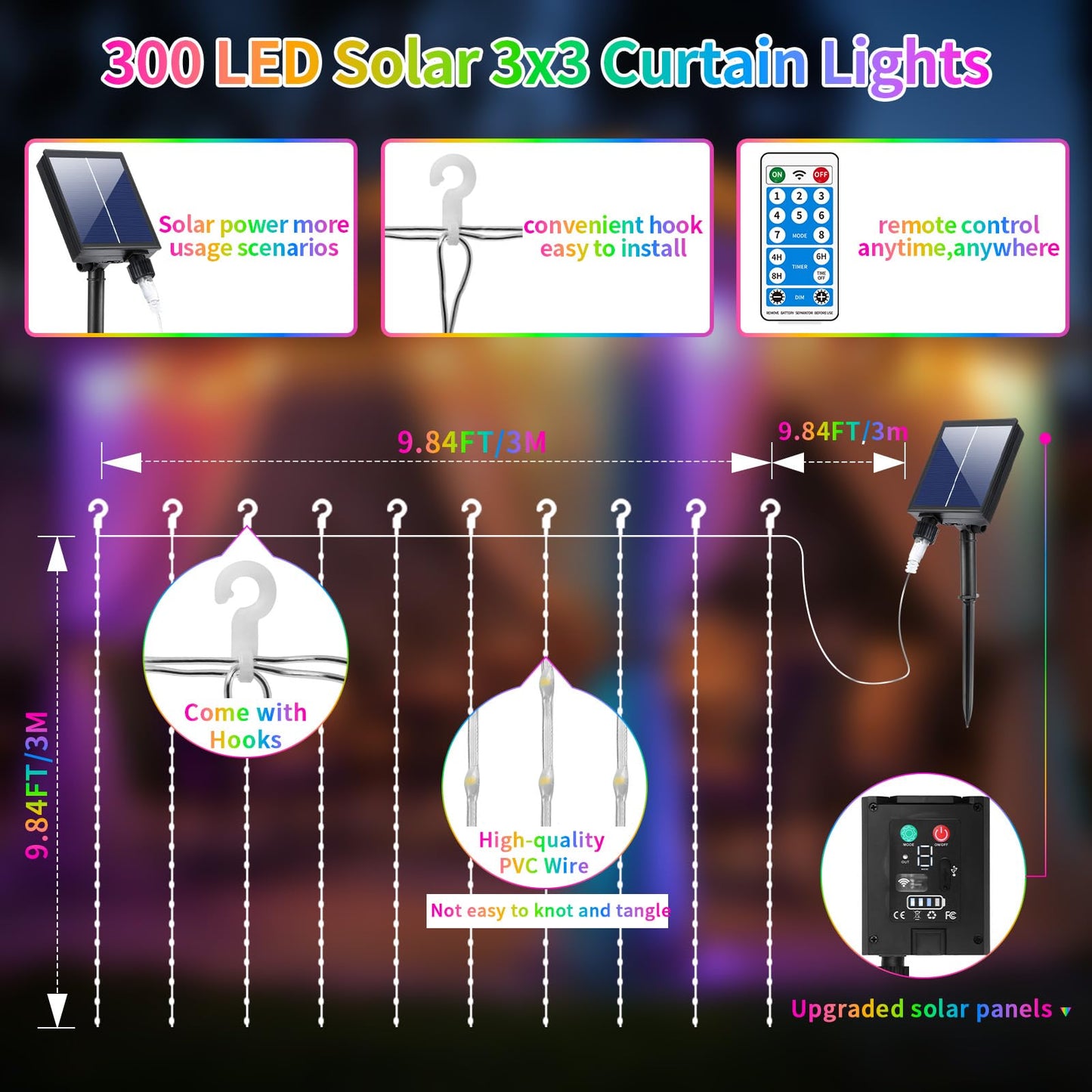 Solar Curtain Lights 10x10Ft 300LED Twinkle Fairy String Lights Multicolor Cool White Dual Color Changing Dimmable Waterproof Remote Timer Memory for Christmas Wedding Pergola Patio Outside