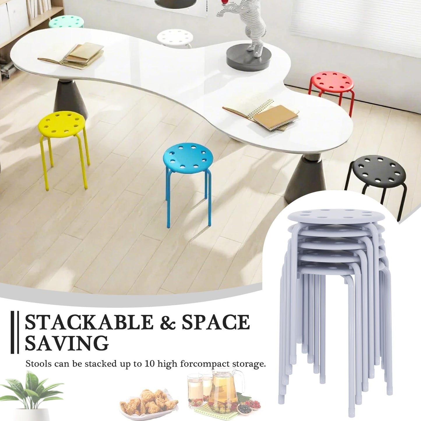 VECELO Stackable Stools Set of 6, 17.7 Inch Standard Height, Portable Plastic Colourful Decoration Stools for School Classroom and Office, No Assembly Required, White