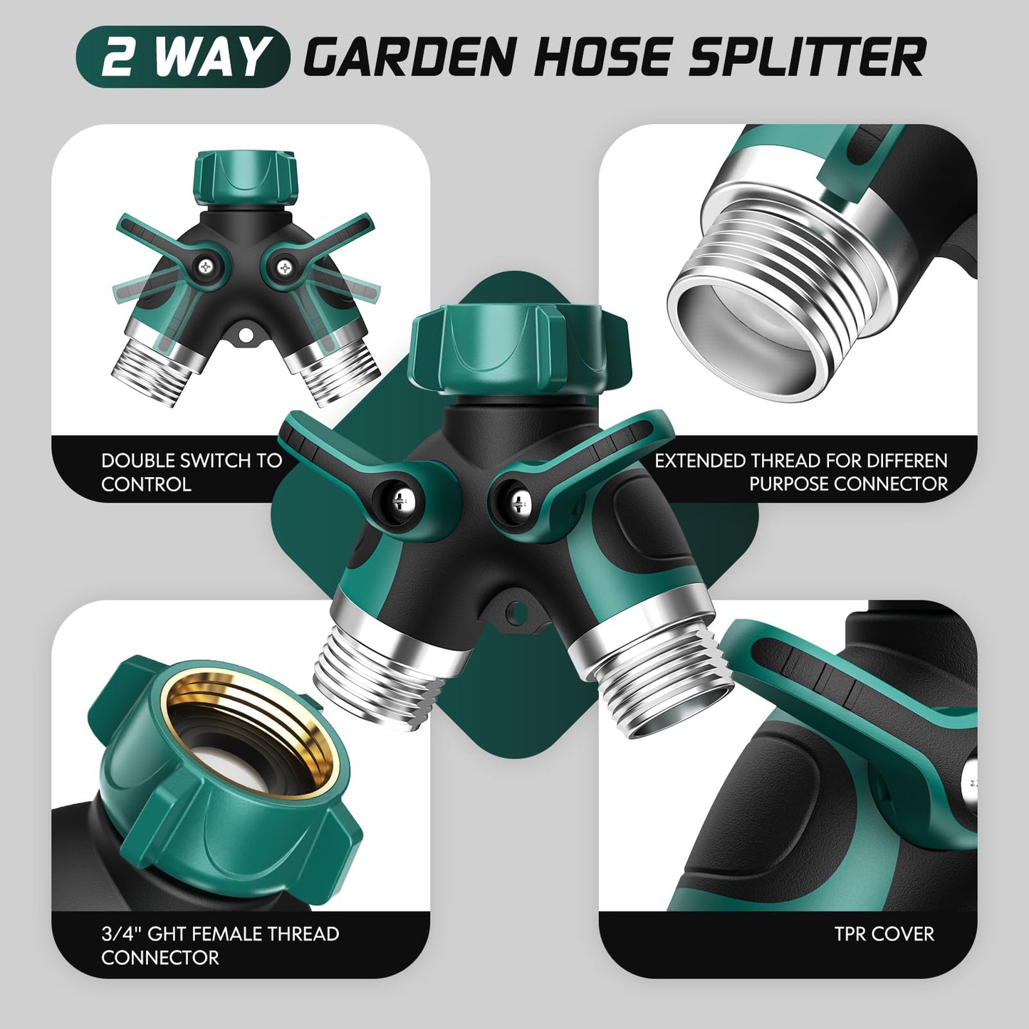 2 Way Garden Hose Splitter with Shut Off Valve,Water Spigot Splitter for 3/4" Hose Connector,Heavy Duty Metal Outdoor Faucet Splitter Y Connector for Garden Hose,with 3 Leakproof Washers & 1 tape
