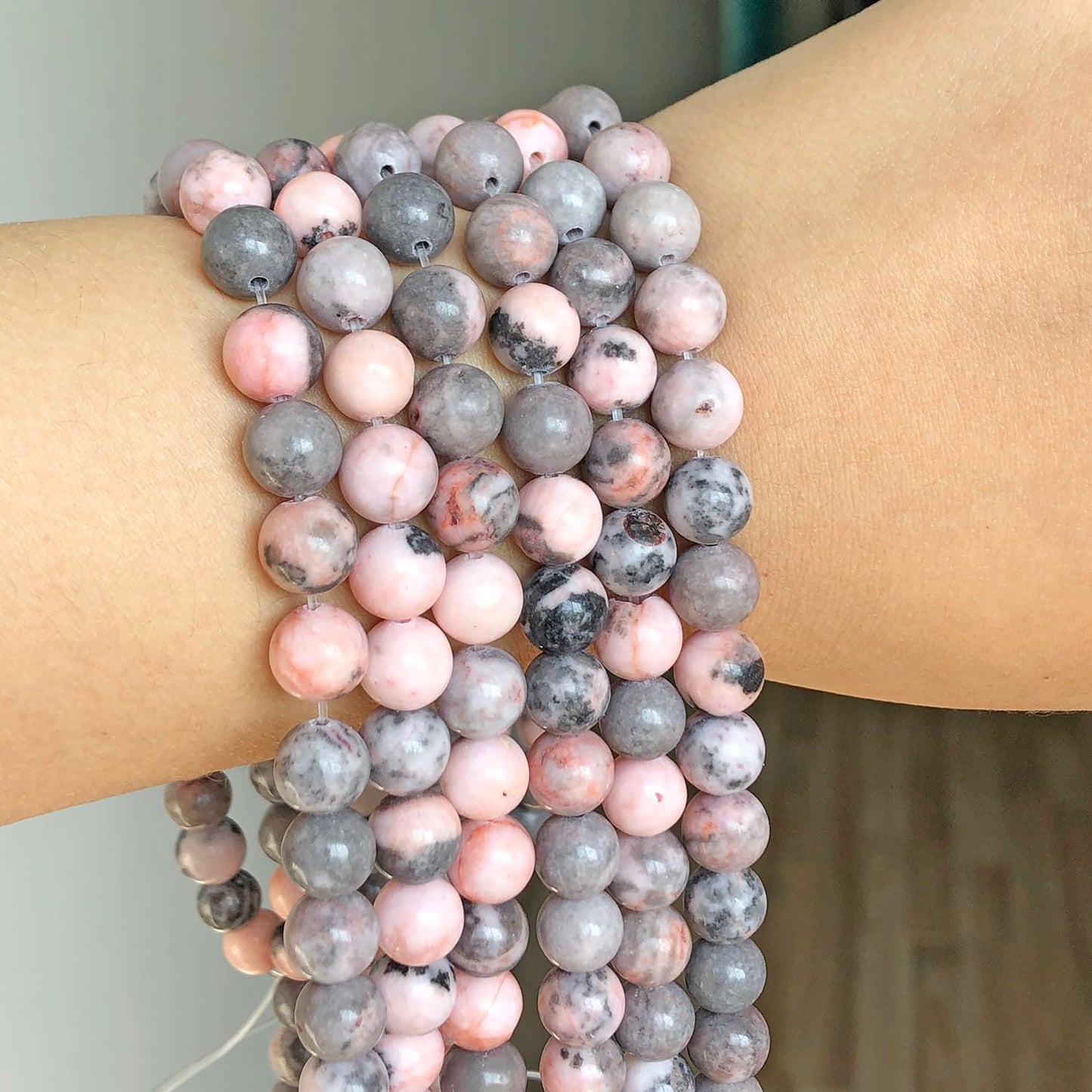 Yochus 45pcs Pink Zebra Beads，8mm Healing Power Natural Stone Round Loose Beads for Jewelry Making Earring Necklace DIY Crafts