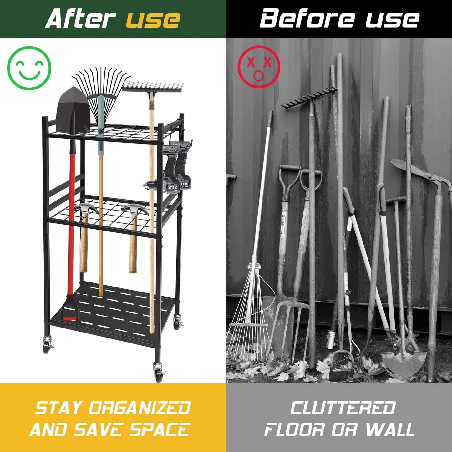 THESEATOP Garden Tool Organizer, 3-Tier Yard Tool Storage Rack with 35 Slots & 3 Hooks, Heavy Duty Garage Organizer for Shovels, Rakes & Brooms (33.6" x 11.5" x 17")