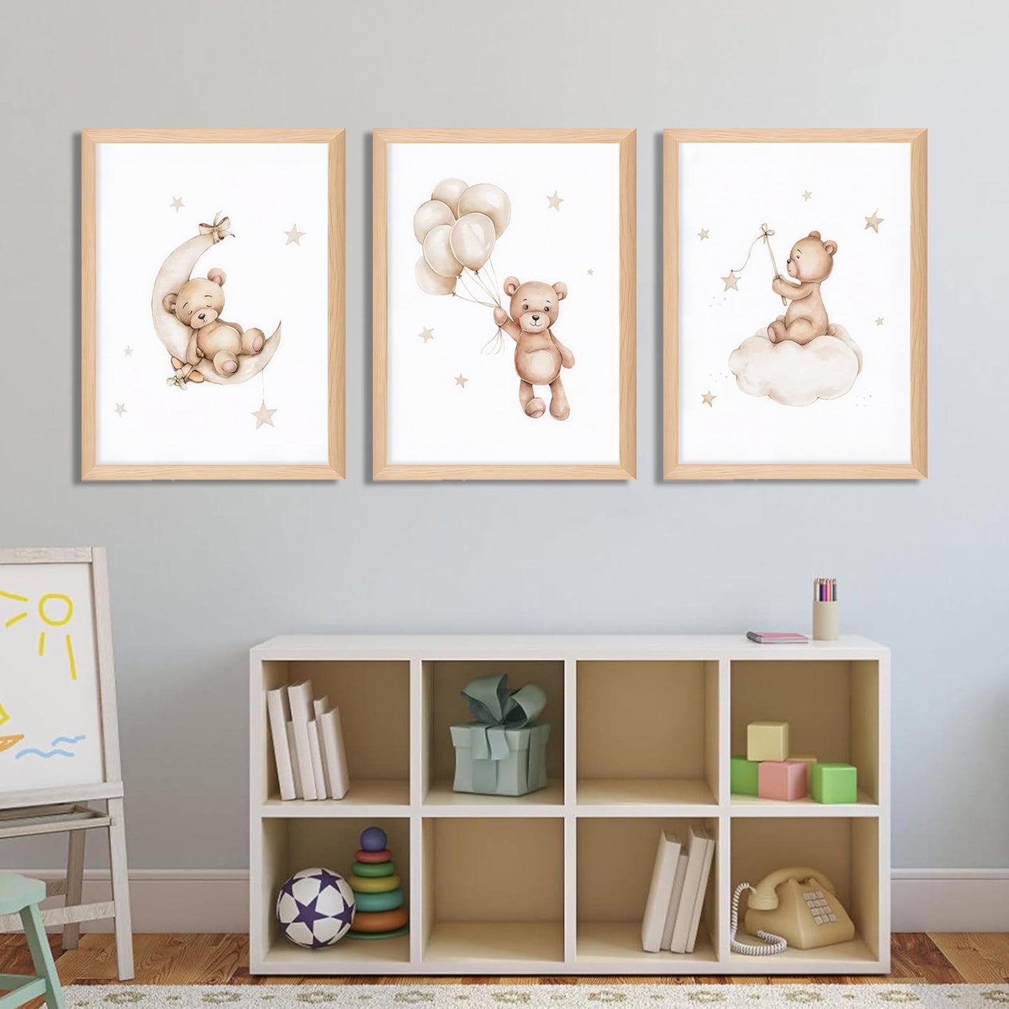 Framed Teddy Bear Wall Art Nursery Decor Set of 3, Bear Sleeping on The Moon and Stars Pictures Canvas, Neutral Bears Poster Prints Wall Decor for Kids Baby Room Girls Children Room – 12x16 inch