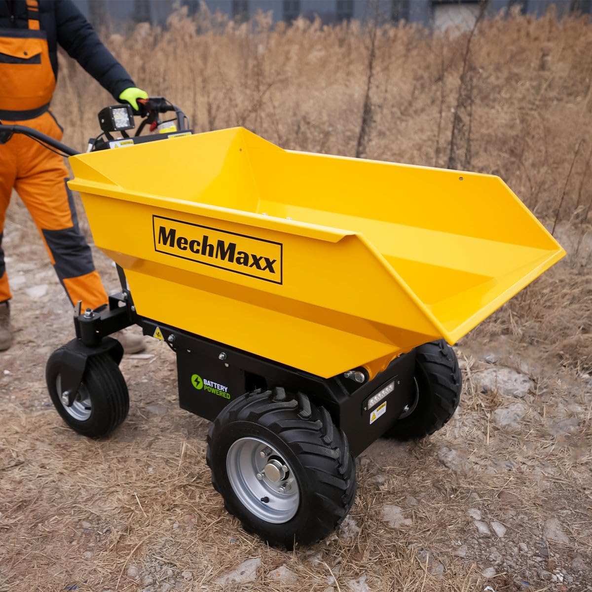 MechMaxx 1100Lbs Loading Battery Powered Barrow Electric Mini Dumper Dump Cart Wheel Barrow, with 30W Light, 1000W 48V Brushless DC Motor, LED Display Screen, Model E50 (Yellow)