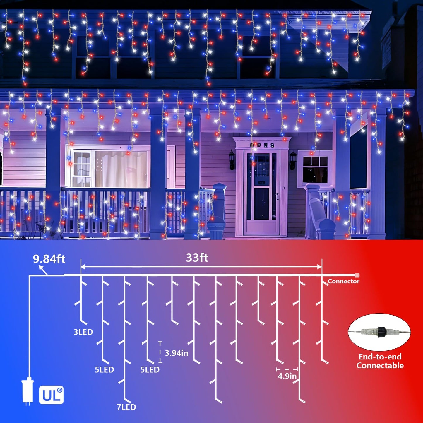 QITONG Red White and Blue Icicle Lights for Outside, 33ft 400 LED 4th of July Icicle Lights with 8 Modes, Clear Wire Connectable String Lights Plug in for Patriotic Independence Memorial Day Decor