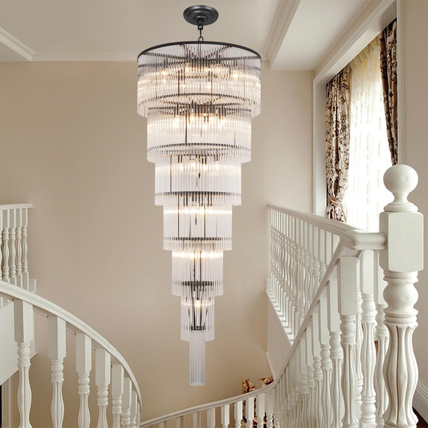 Akeelighting Black Glass Chandeliers for High Ceiling, 7-Tier Glass Rod Chandelier H71 Modern Foyer Entryway Ceiling Light Fixture for Staircase Living Room Entry Extra Long