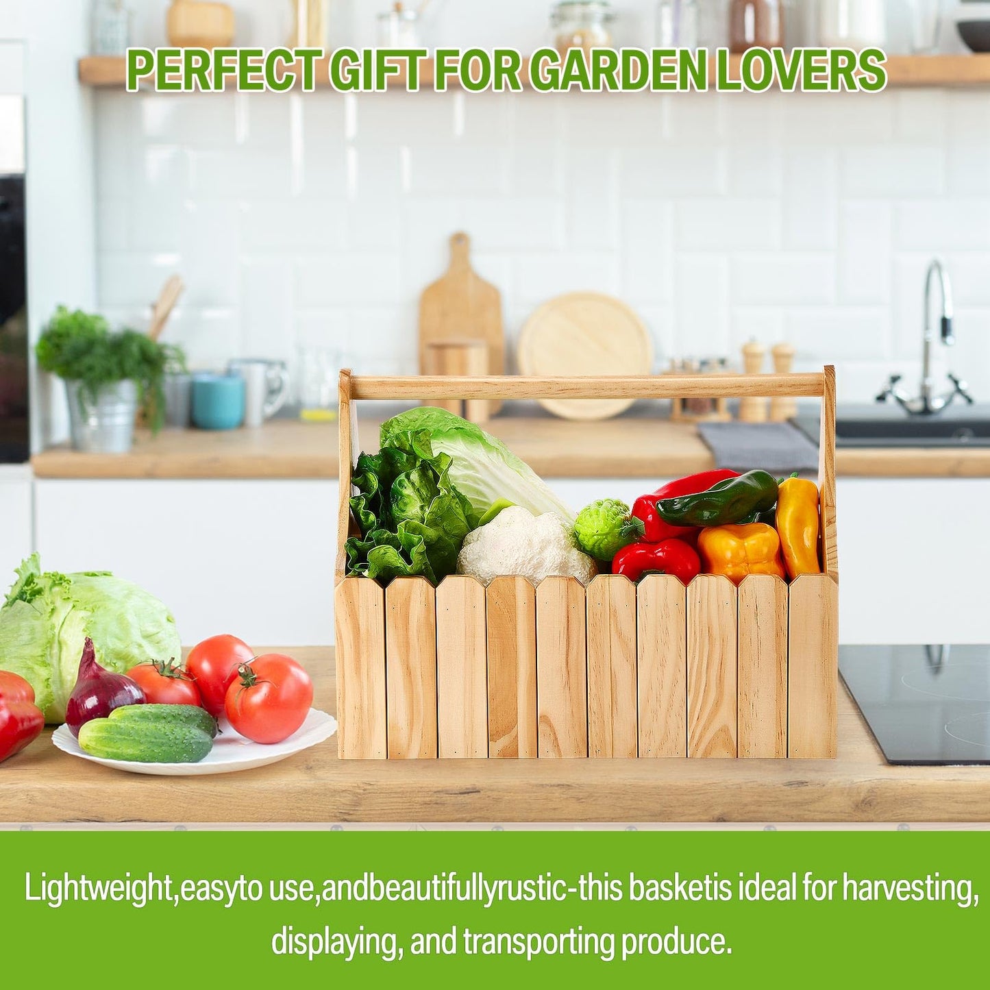 Remerry 16 Inch Garden Harvest Basket Wooden Caddy with Handles Fruit Flower Gathering Basket Garden Hod Storage Box with Wood Slats for Harvesting Vegetables Gardeners Home Use Gifts