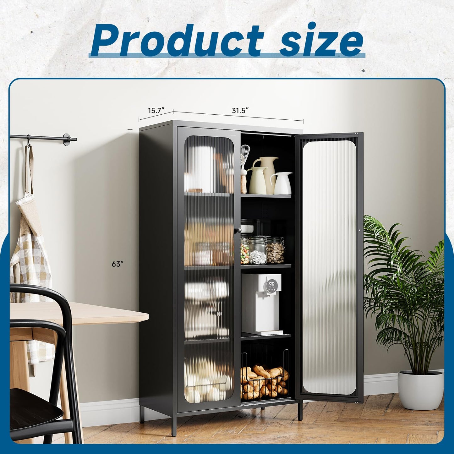 PEUKC 63'' Kitchen Pantry Storage Cabinet, Display Cabinet with Glass Doors and 3 Adjustable Shelves, Metal Kitchen Hutch Storage Cabinet for Dining Room, Living Room (Black)
