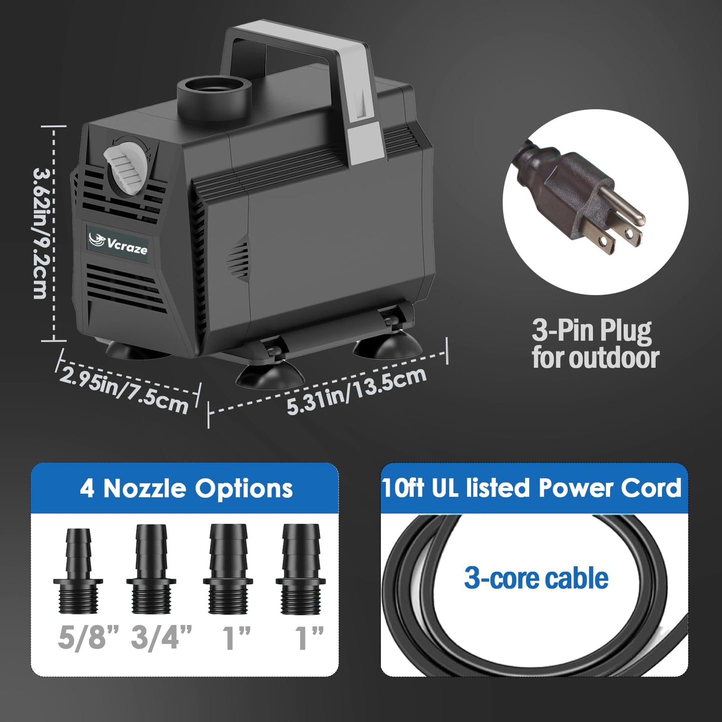 VCRAZE Submersible Water Pump 600GPH/35W Fountain Pumps with Flow Control, Pond Pump Submersible Outdoor with 10ft 3-Core Power cable for Hydroponics, Aquarium, Waterfall, Statuary, Water feature