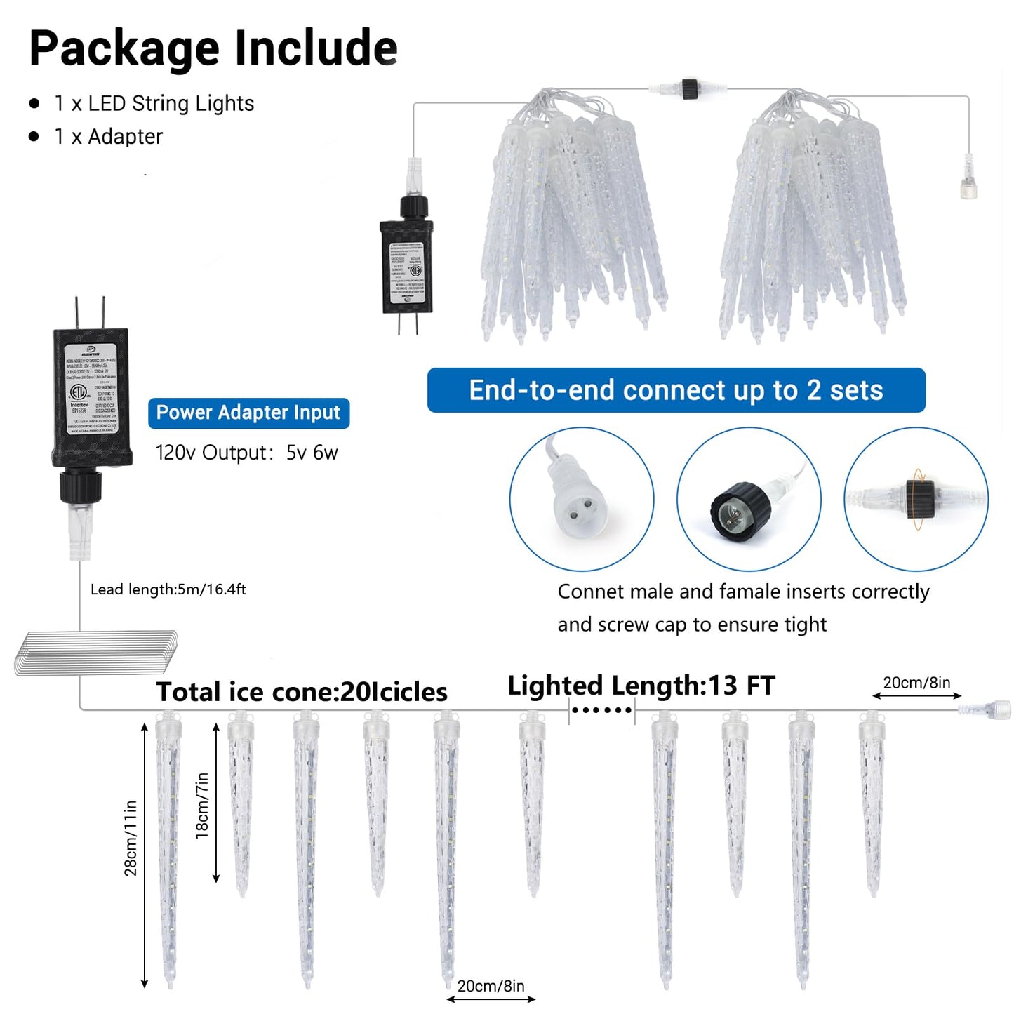 Joomer Icicle Christmas Lights Outdoor, 13FT 20 Icicles 320 LED Meteor Shower Icicle Lights Timer Waterproof Connectable Christmas Light for Outside Home Xmas Decoration - Blue