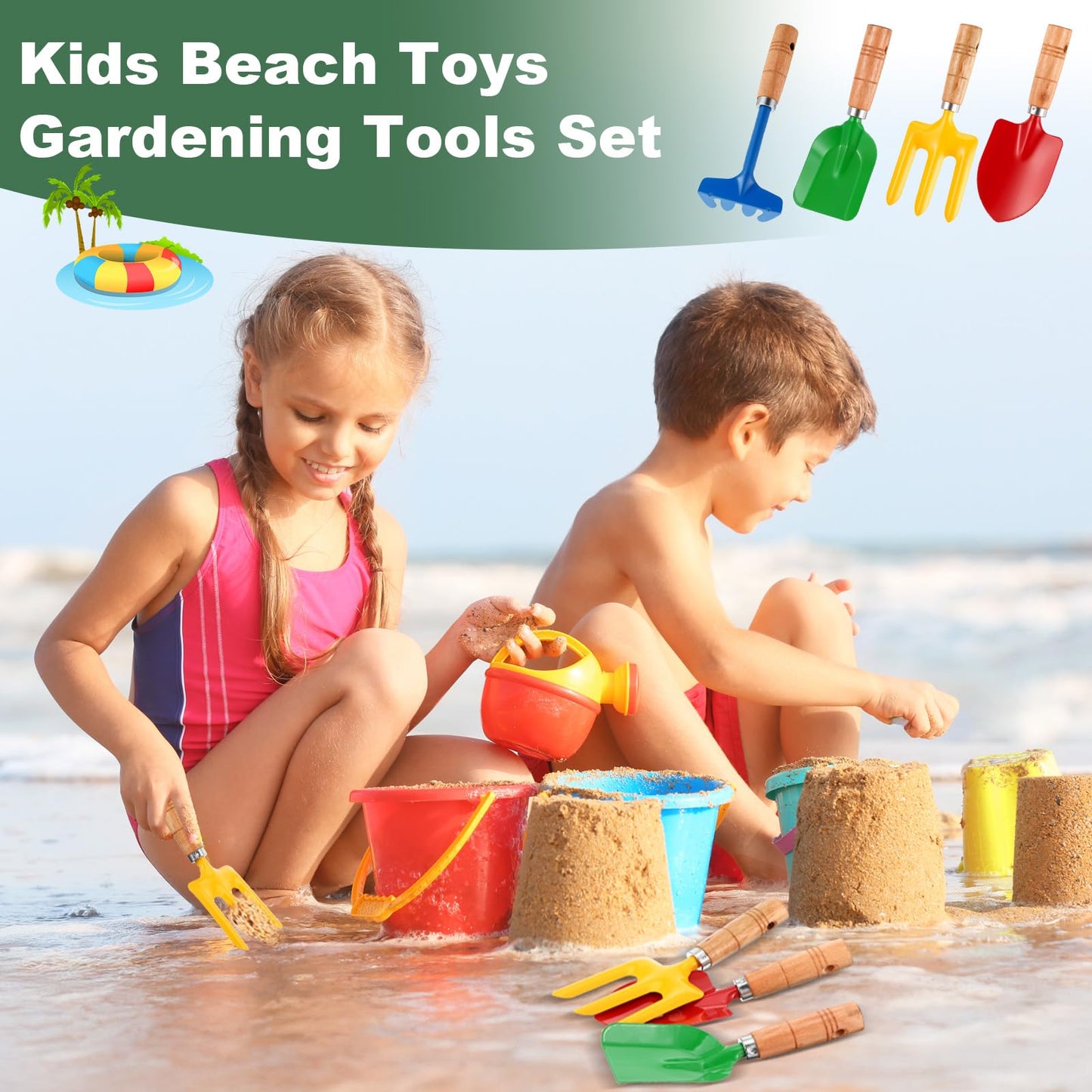16 Pcs Gardening Tools Metal Garden Beach Sandbox Digging Including Shovel, Rake, Fork and Trowel, Garden Beach Sand Tools with Wooden Handle Hoe for Gift Outdoor Gardening