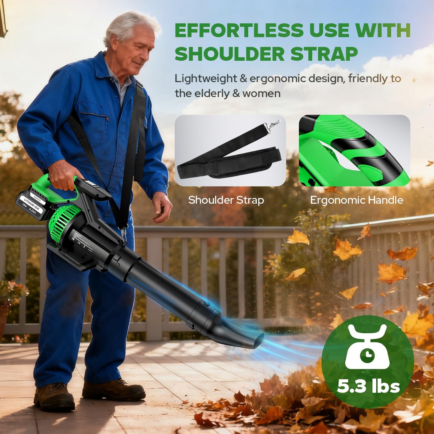 Leaf Blower Cordless with 2X 5500 mAh Battery and Charger, 710 CFM/180 MPH Brushless Electric Leaf Blower with Shoulder Strap, 3-Speed Modes, Powerful Handheld Blowers for Lawn Garden Yard Care