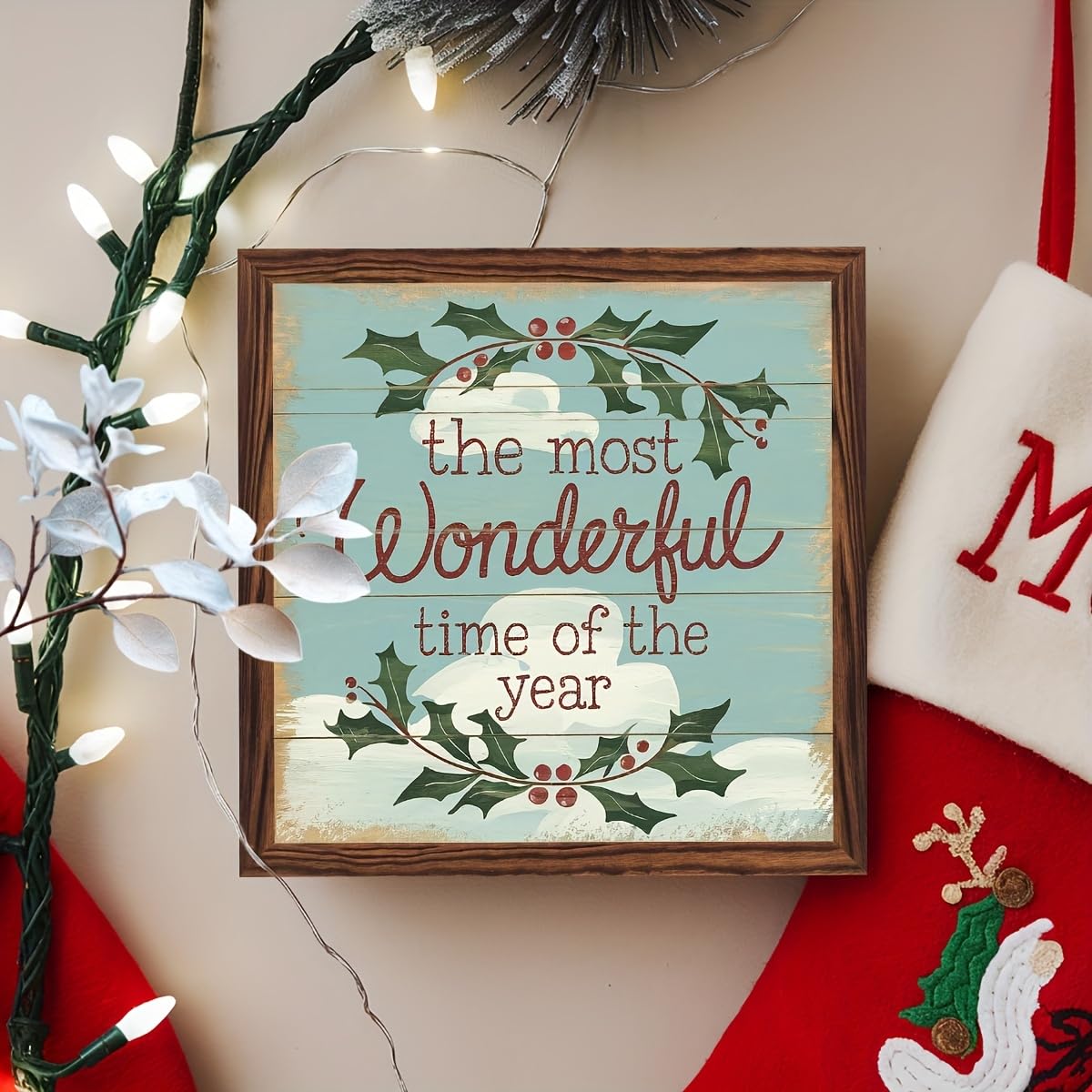 The Most Wonderful Time of the Year Wooden Framed Sign Christmas Holly Berry Decor Wall Art Inspirational Quote Rustic Decor for Home, Living Room, Winter 8x8 Inch