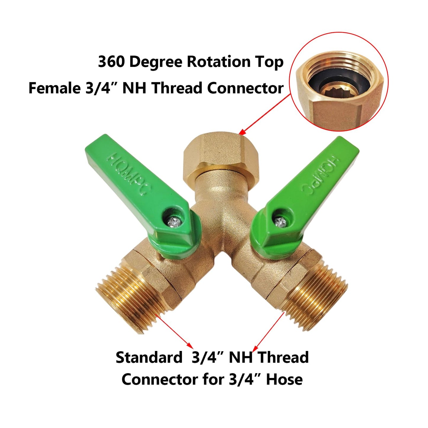 HQMPC Garden Hose Y Valve Splitter With Metal Long Handle Brass Hose Splitter Big Water Flow Hole- Spigot Splitter 2 way 3/4" GHT Thread