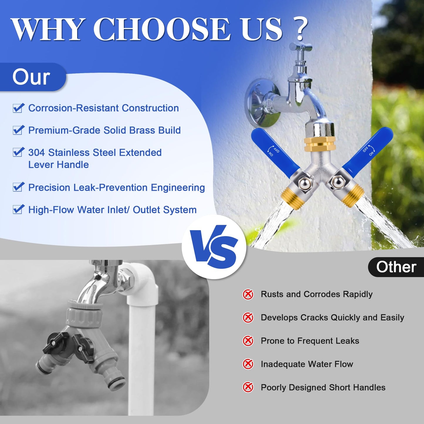 EJW Hose Splitter 2 Way, Garden Hose Splitters, Heavy Duty Faucet Splitter,Rv Brass Water Hose Y Splitter, Double Hose Connector, Spigot Splitter, Two Way Hose Manifold Valve 3/4 Inch GHT Thread.