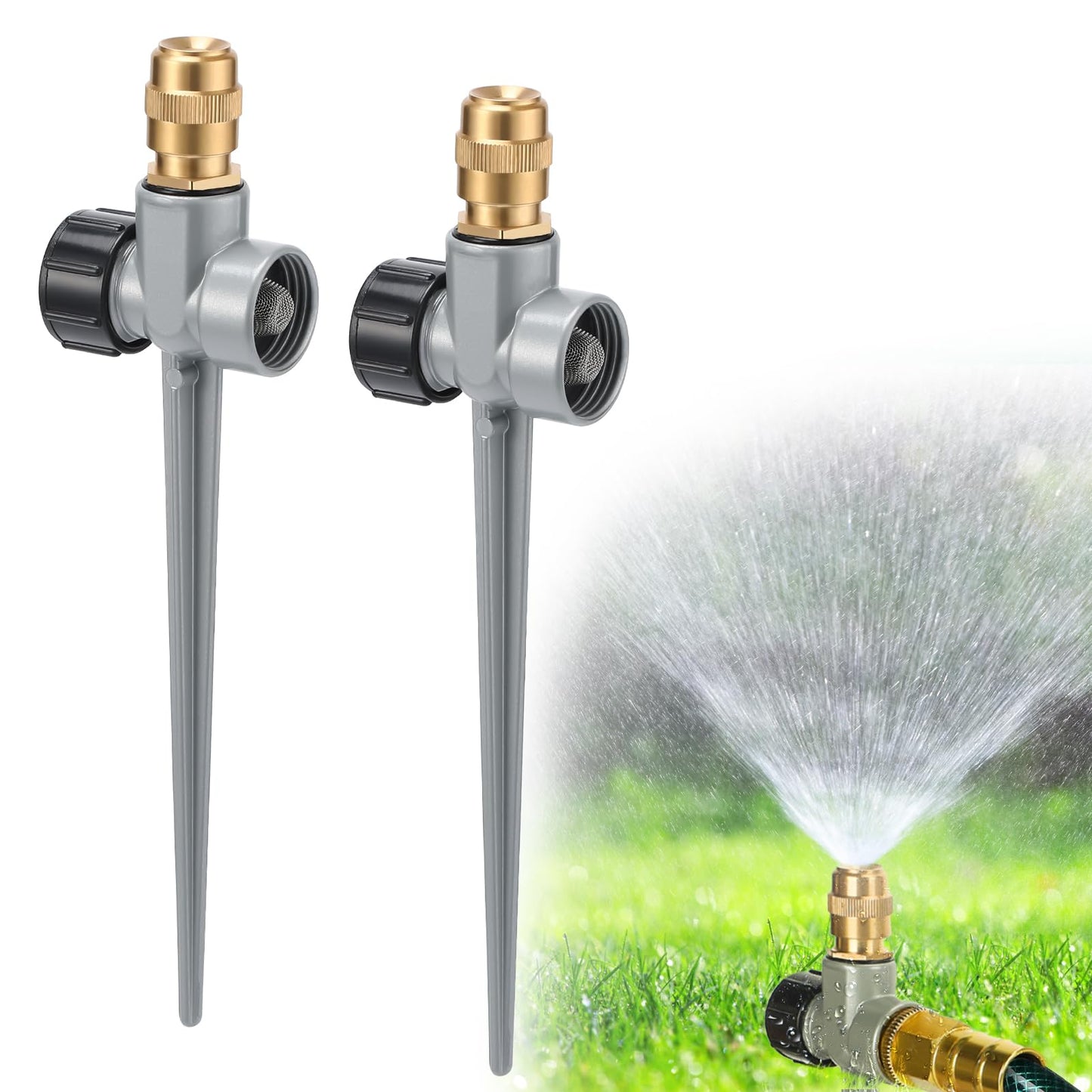 2 Pack Metal Lawn Sprinklers for Yard - 360° Coverage Water Sprinklers, Adjustable Brass Nozzle with Aluminum Alloy Spike Base for Small Garden Irrigation