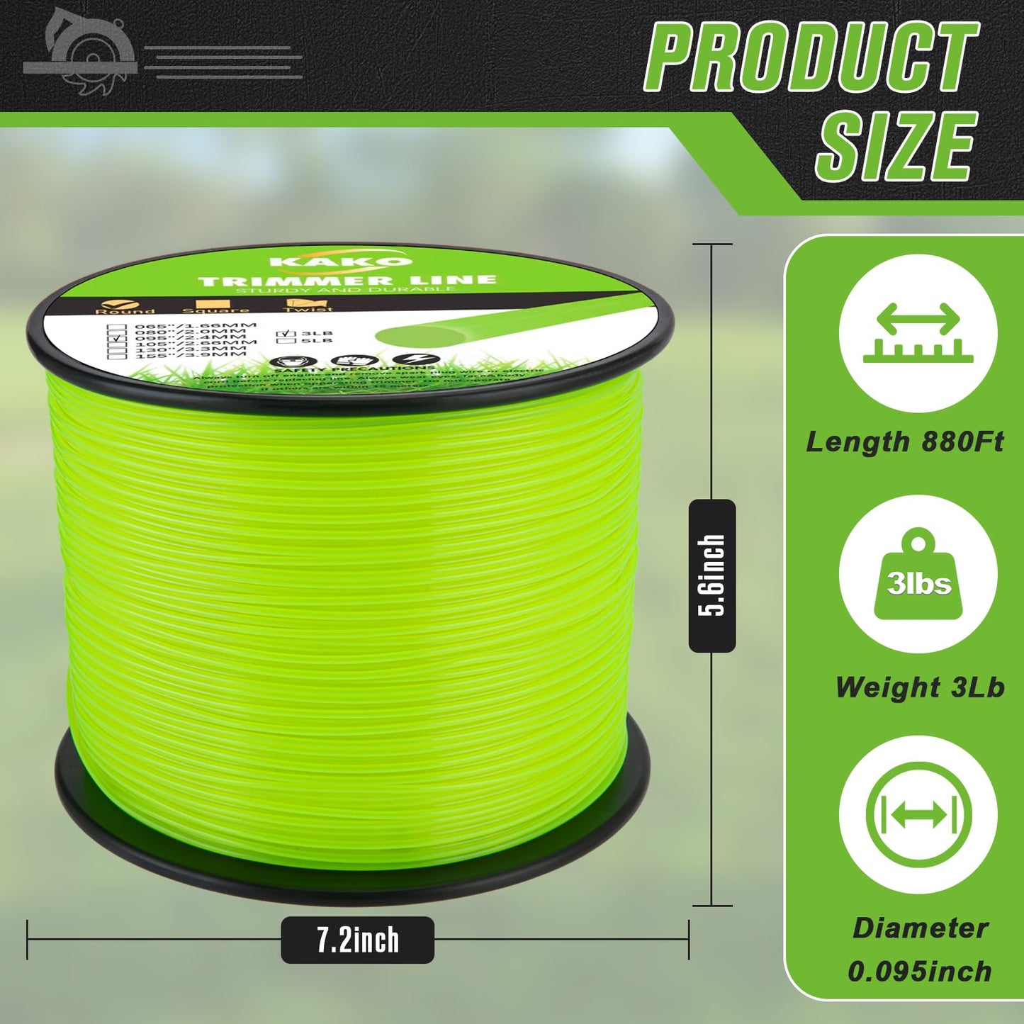 KAKO 095 Trimmer Line Heavy Duty, Weed Eater String .095, String Trimmer Line .095, Weed Eater Line .095, Trimmer String .095In-880Ft-3Lb Weedeater Line .095 Fits Most String Trimmers(Round)