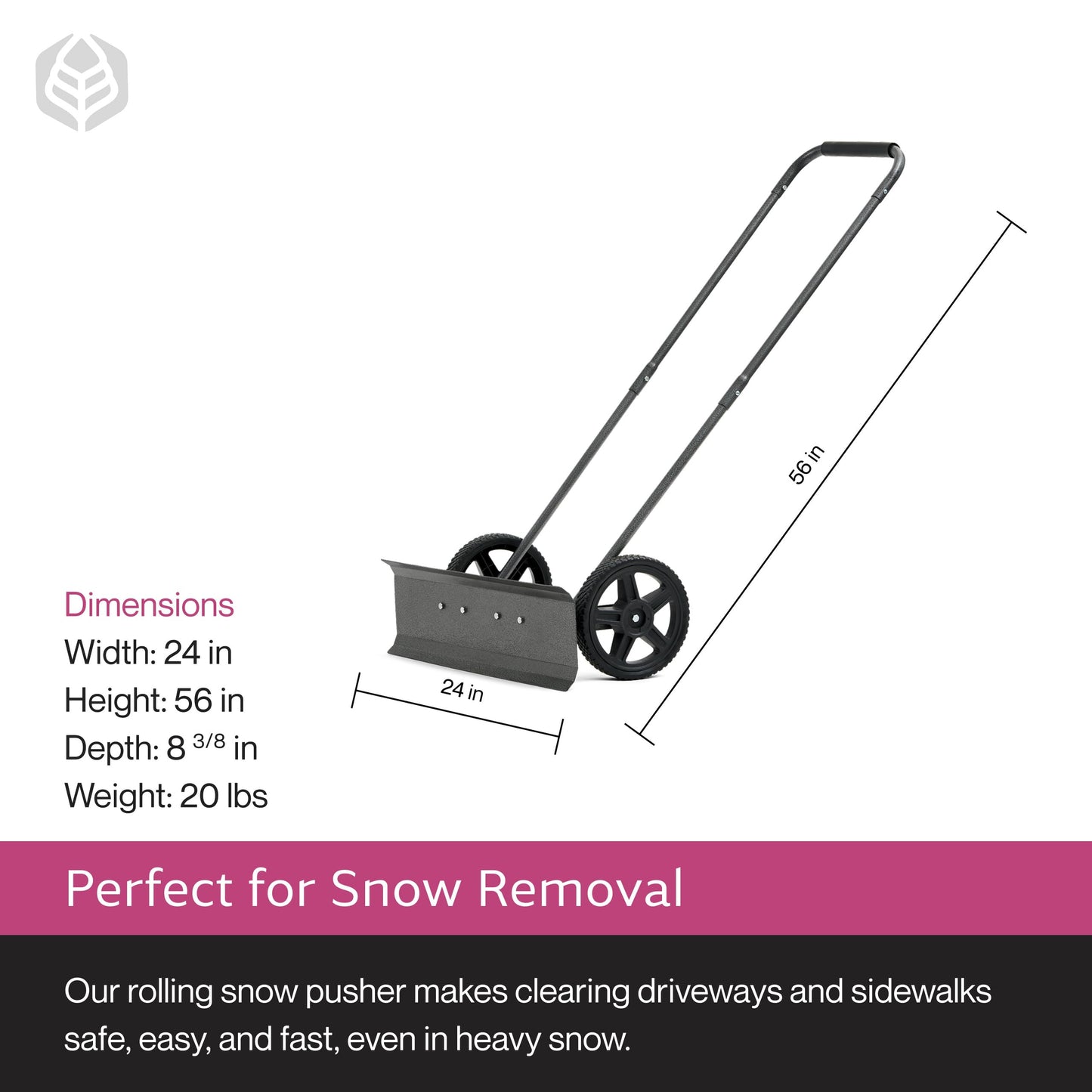 Yard Butler IRSPP-24 Snowplow Rolling Push Shovel - No-Bend Shovel for Easy Snow Clearing - Ergonomic Design - Two-Handed Cushioned Grips - Powder-Coated Steel Construction - Simple Assembly