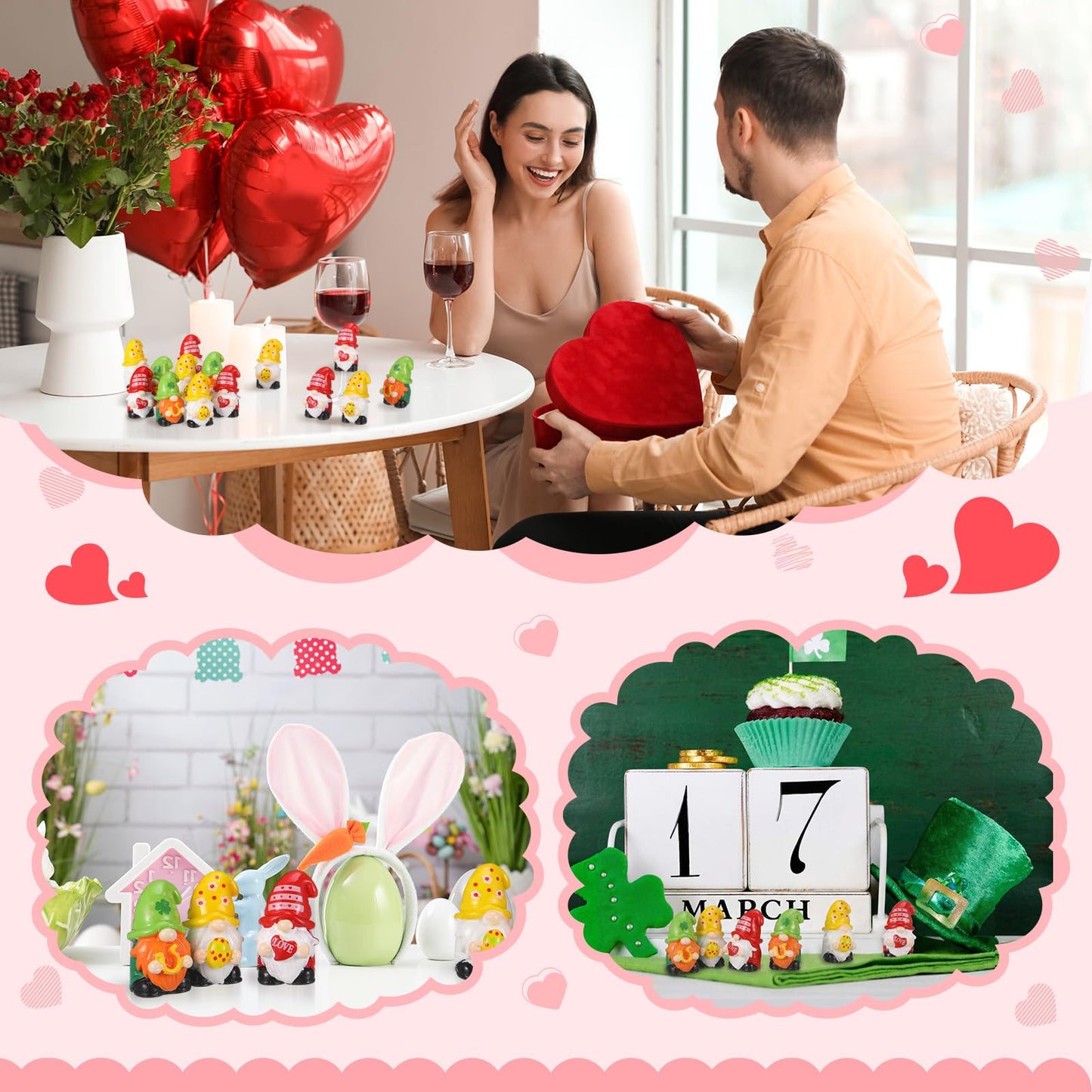 Qunclay 60 Pcs Mini Gnome Figurines, St. Patrick's Day and Easter Spring Decor, Shamrock Egg Heart Theme Resin Tabletop Ornaments for Tiered Tray, Home Table, Party Favors