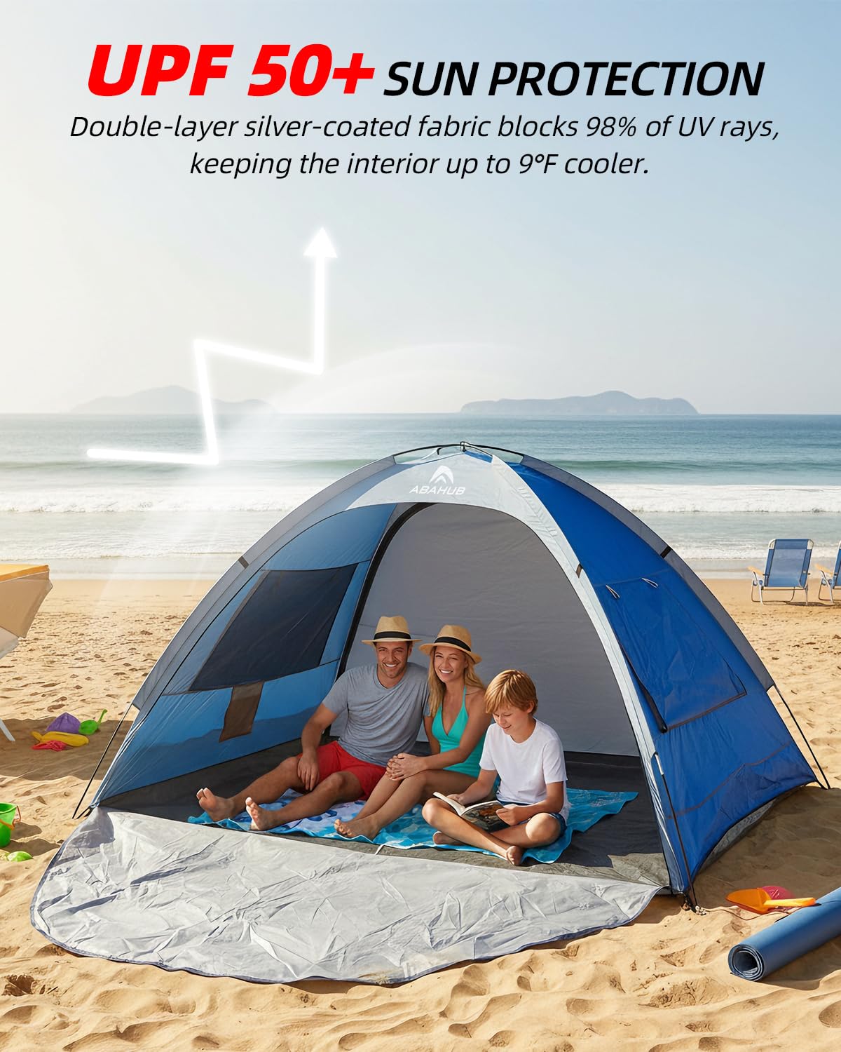 Abahub 3-Person Beach Tent Sun Shelter, UPF 50+ UV Protection Portable Sun Shade with 2 Doors and 2 Mesh Windows, Lightweight Beach Cabana for Beach, Camping, Fishing & Outdoor Activities