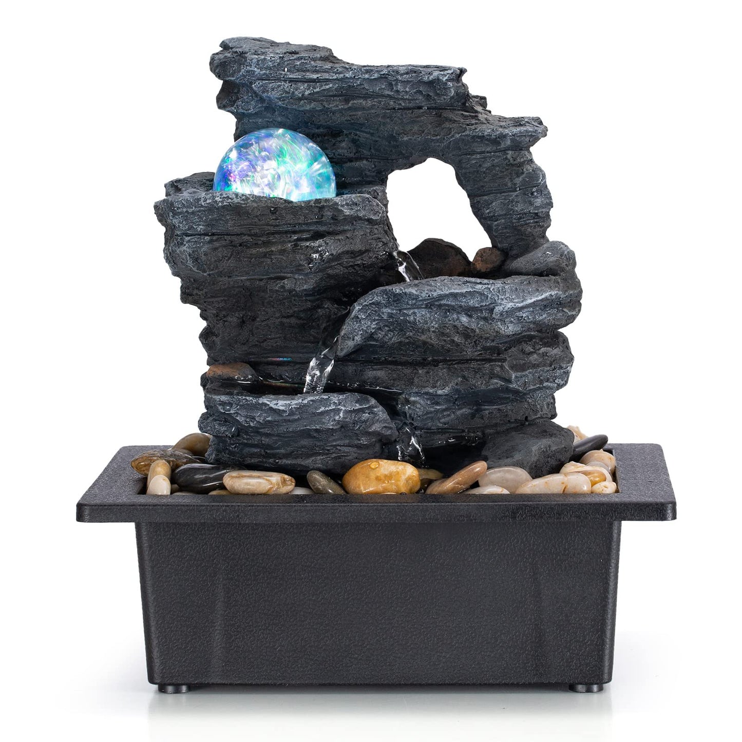 Amootek Tabletop Fountain Rotating Ball Rock Waterfall Fountain Office Includes Many Natural River Rocks Decorated with Colorful Lights, 9.05" L x 6.89" W x 10.23" H