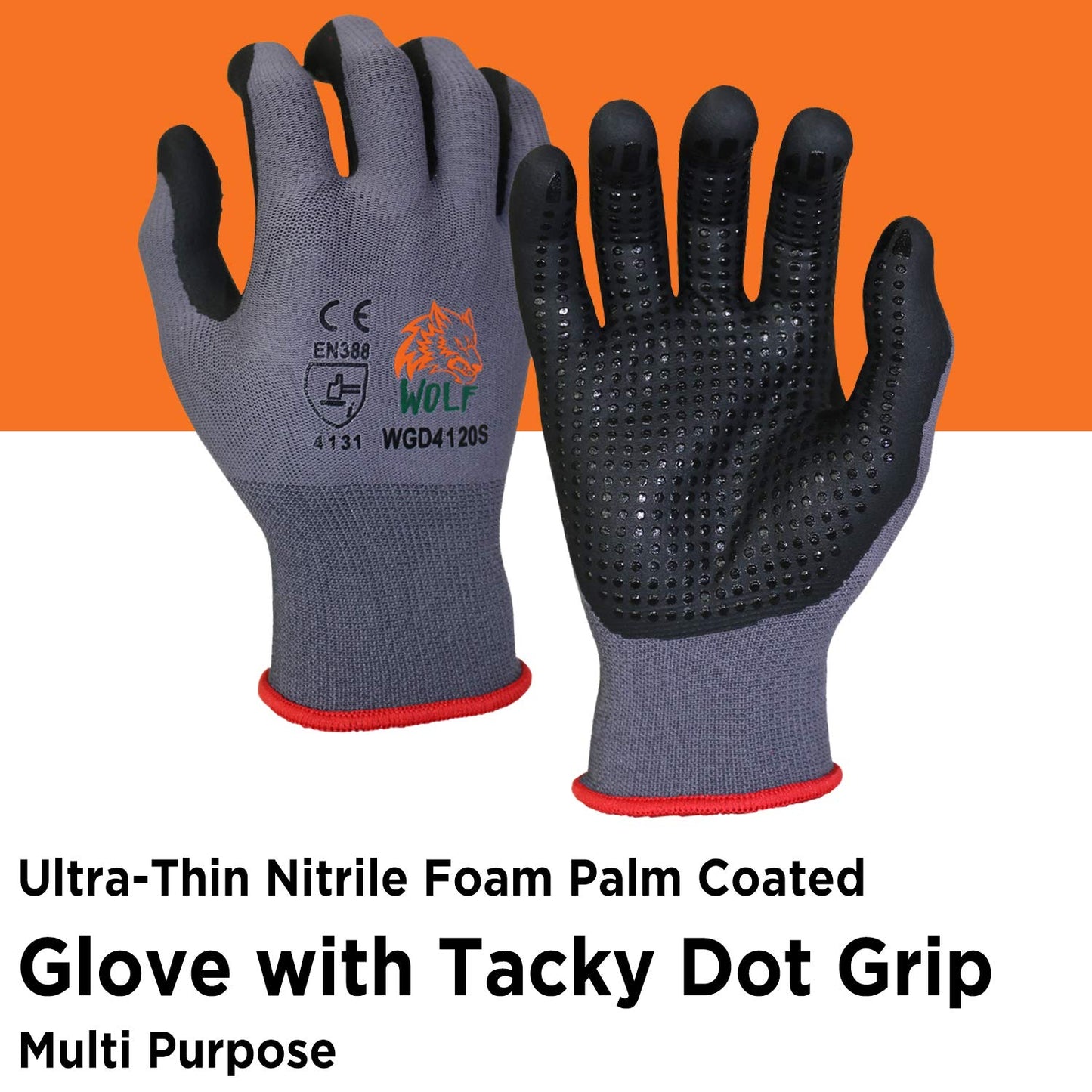 WOLF Ultra-Thin Nitrile Foam Palm Coated Glove with Tacky Dot Grip, Multi Purpose (12, Medium)