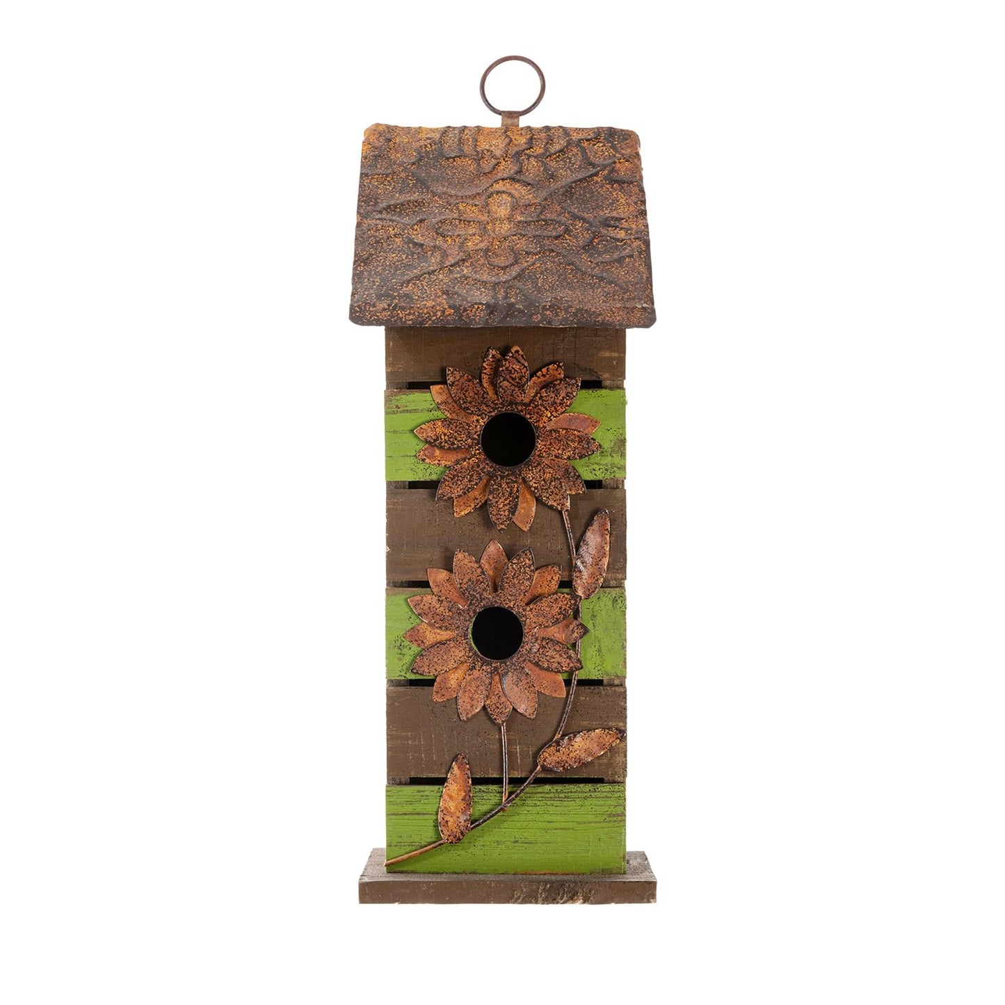Glitzhome Bird Houses for Outside, 14.45" H Wooden Garden Hanging Bird House Two-Tiered Distressed with Flowers Decorative Birdhouse for Outdoors