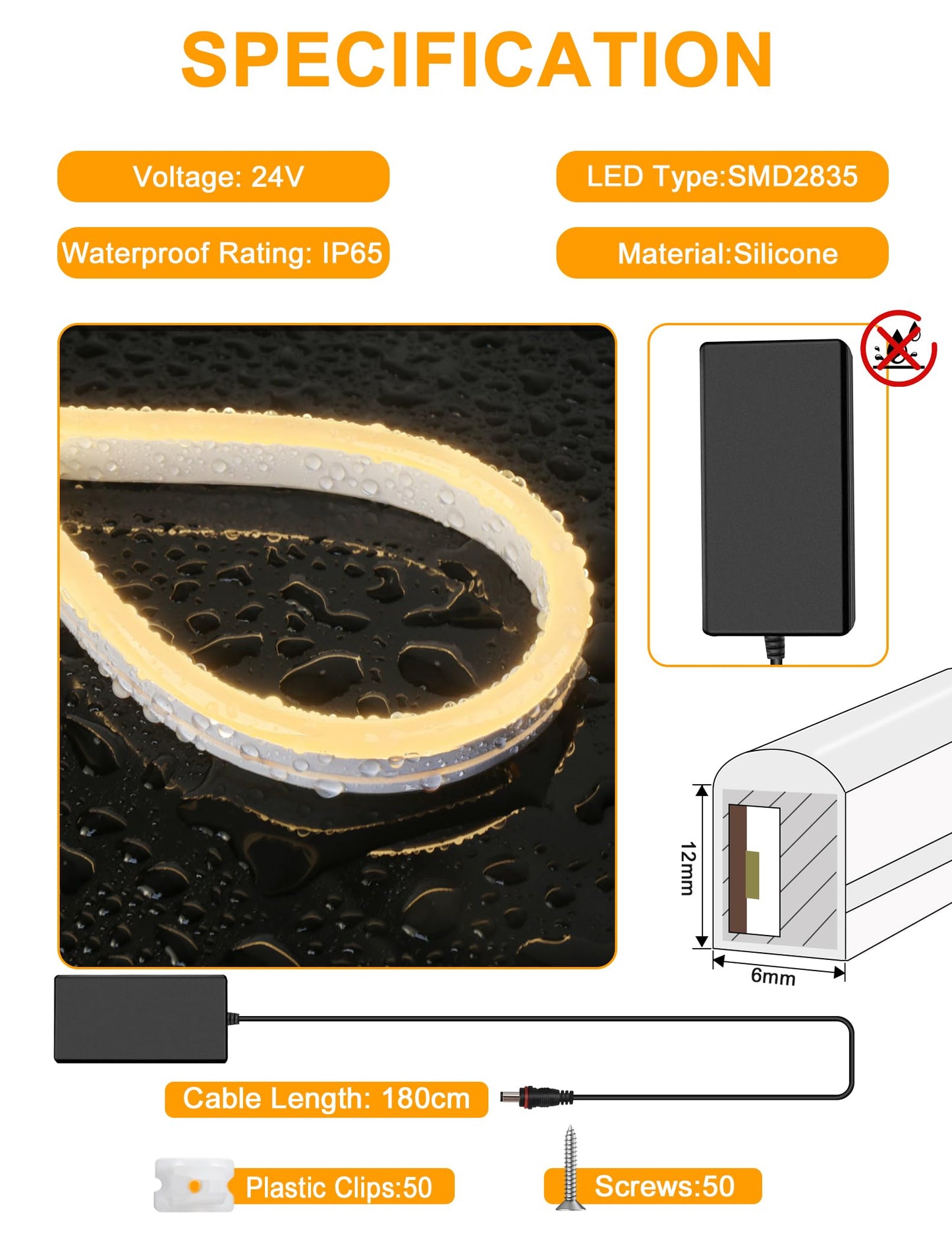 Lamomo Neon Rope Lights 65.6Ft, Waterproof Warm White LED Strip Lights, 3000K Silicone Flexible Cuttable 24V Led Lights for Bedroom, Outdoor,Indoor, Kitchen, DIY Design, Cabinet
