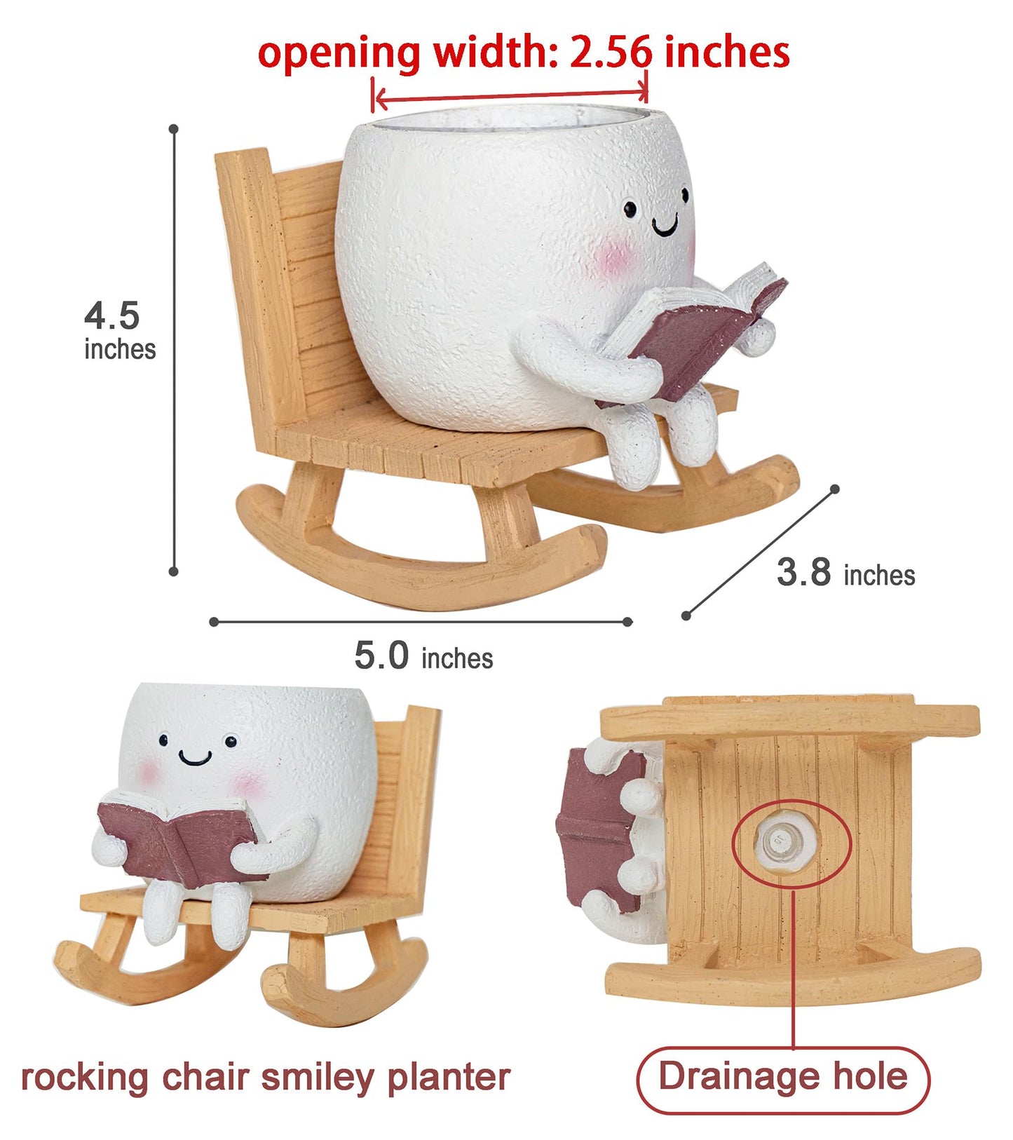 RZOIKZOI Rocking Chair Smily Face Planter with Drainage Hole, Cute Plant Pots for Indoor Outdoor Plants,Unique Funny Flower Pot for Succulents,Gift for Mother's Day, Birthday, Christmas(White)