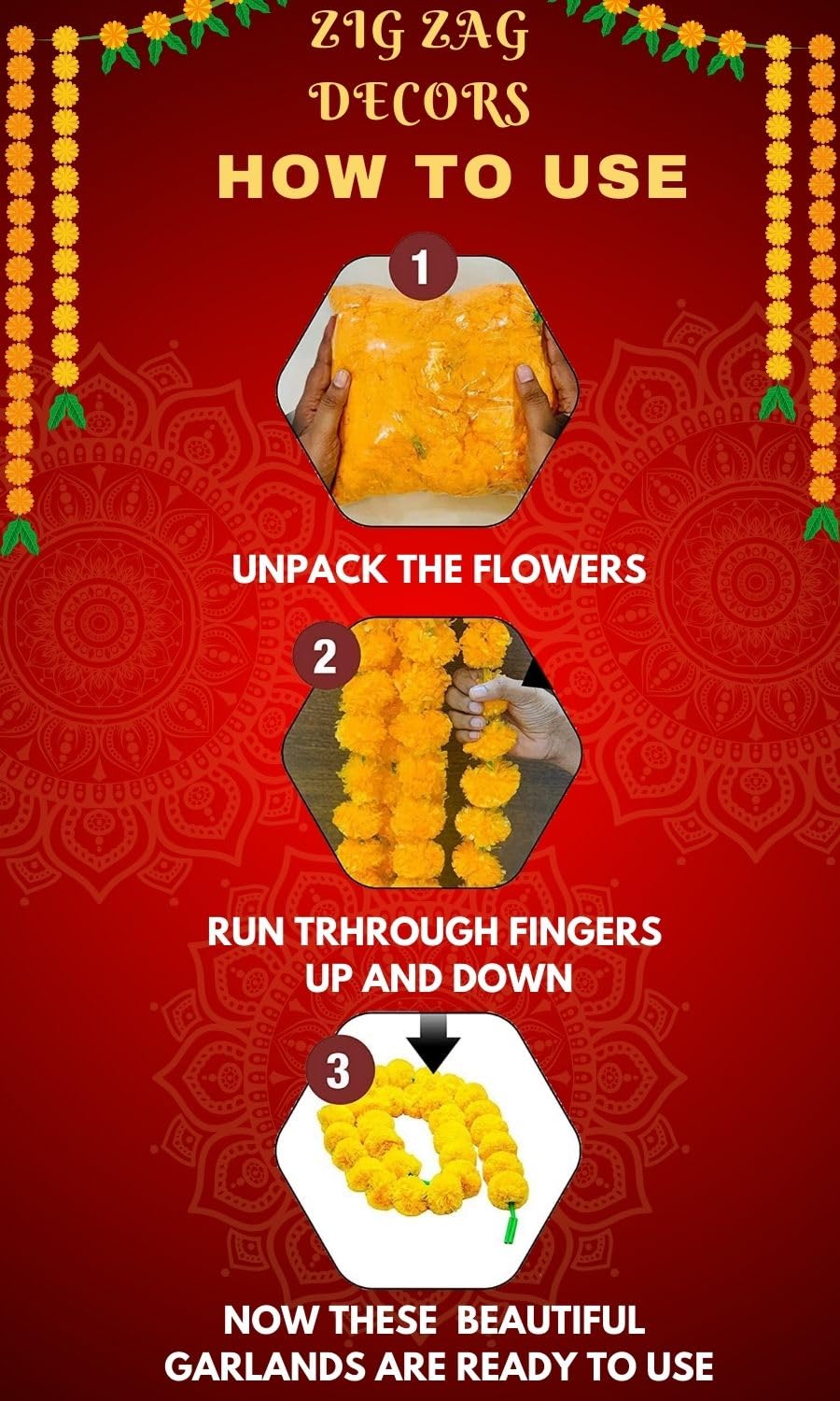 zig zag Artificial Marigold Garland (5pcs Pack) - Ideal for Weddings,Birthday, Christmas Decorations, and Diwali Celebrations, Faux Garlands 5 Strings - 4.5-5 Ft Long (Yellow)