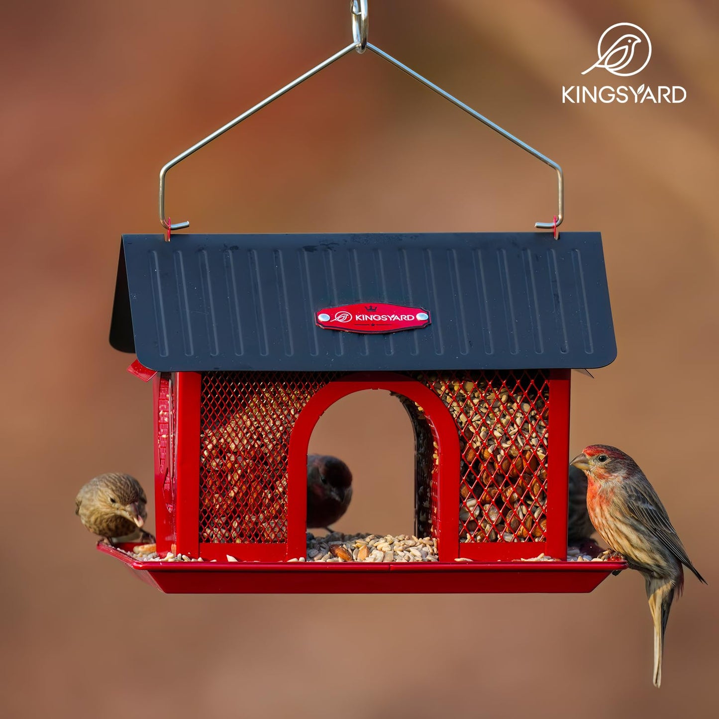 Kingsyard Bird Feeder for Outdoors Hanging, Dual-Use Metal Mesh Wild Bird Feeders with Seed Tray & Weatherproof Roof, 3 lbs Large Capacity, Red