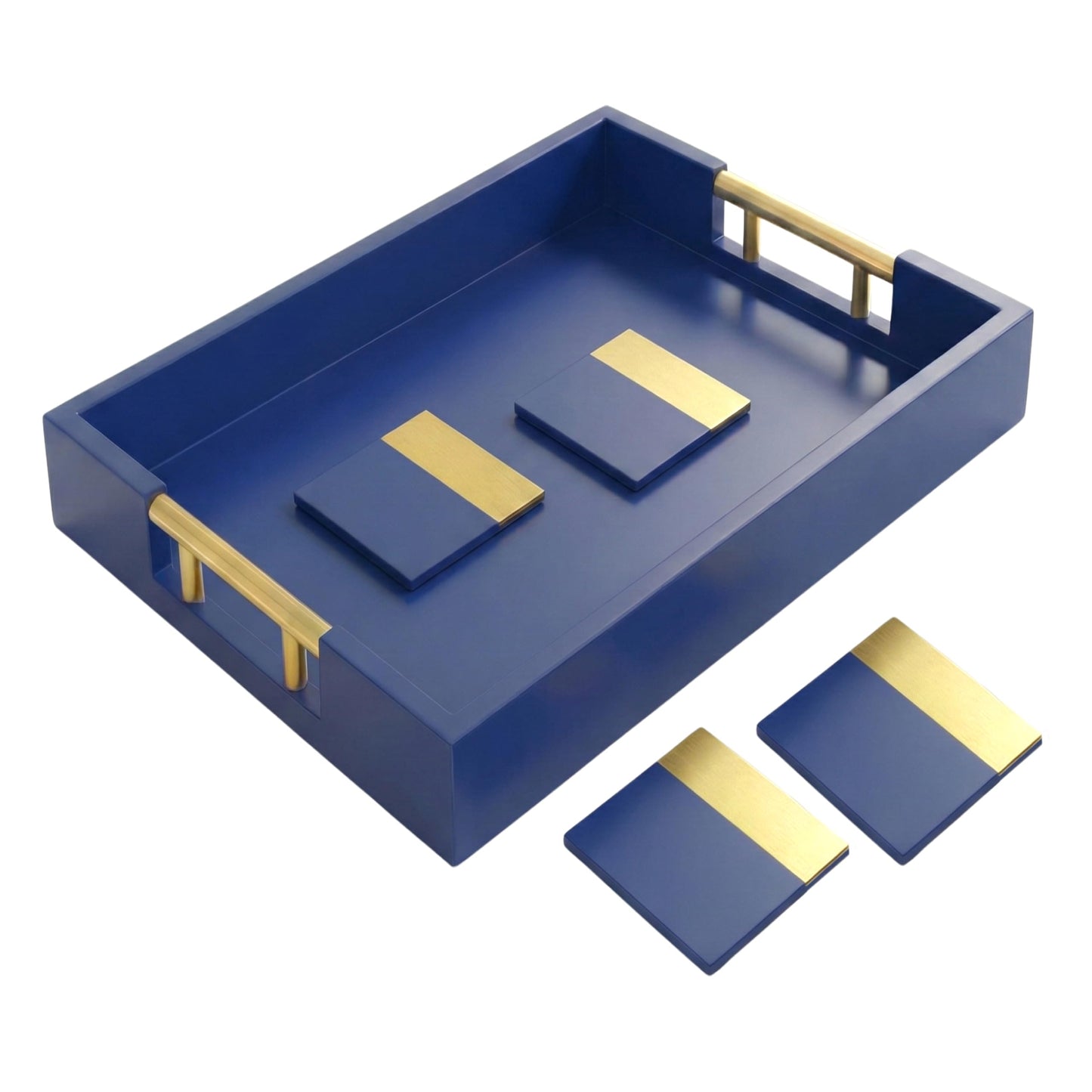 Wood Serving Tray with Gold Polished Metal Handles, Home Decorative Wooden Rectangle Ottoman Decor Platter Bathroom Vanity Tray for All Occasions Gloss Finish, 16"x12", Navy Blue