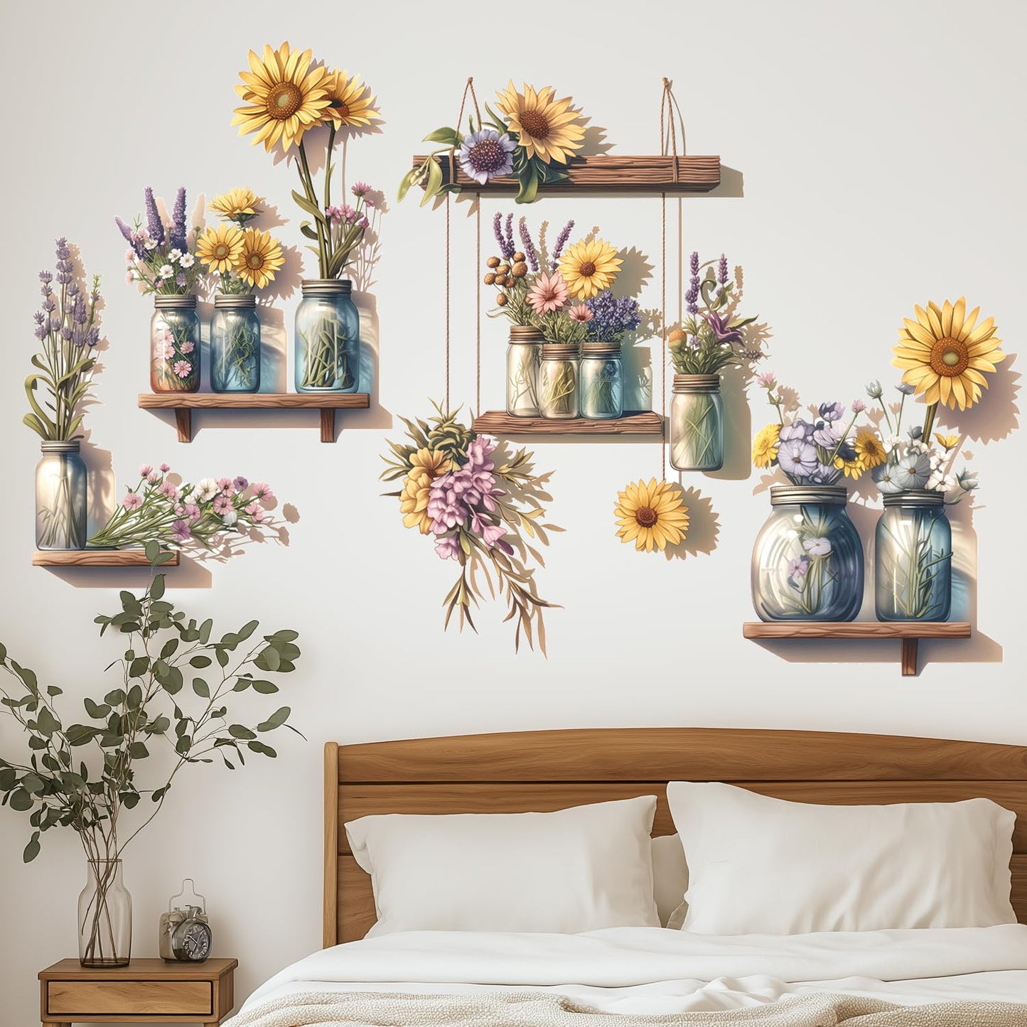Sunflower Wall Decals 3D Flower Wall Stickers Potted Plant Floral Wall Decal Peel and Stick Flower Window Clings Vinyl Removable for Bedroom Nursery Decoration