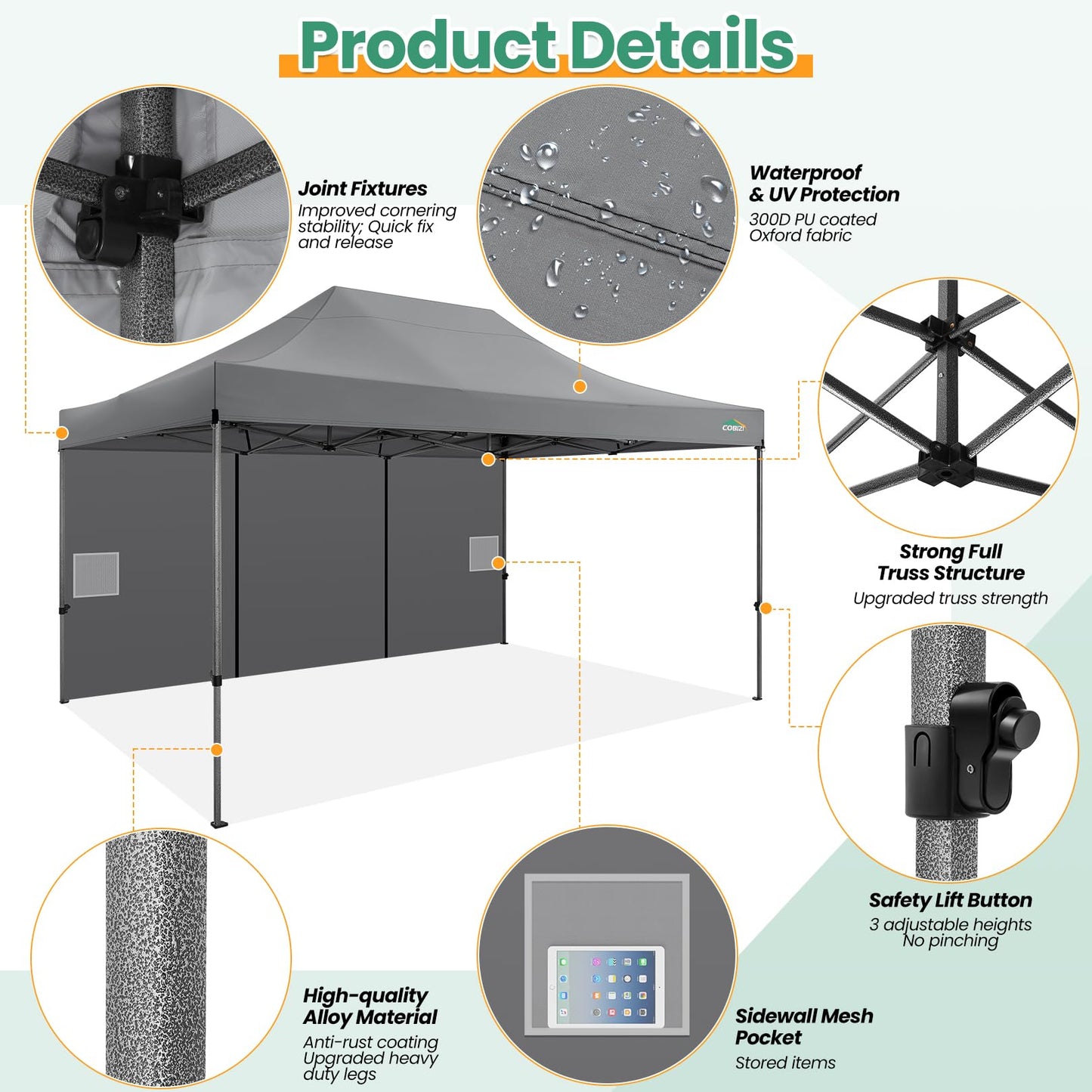 COBIZI 10x15 Heavy Duty Pop up Canopy Tent with 4 sidewalls, Commercial Outdoor Tents for Parties,Backyard Event, Wedding, All Season Waterproof Event Shelter with Carry Bag, Gray(Frame Thickened)