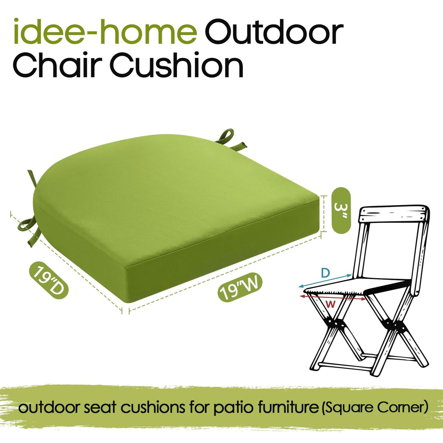 idee-home Outdoor Chair Cushions Set of 2, Thick 19" x 19" x 3" Outdoor Seat Cushions Patio Furniture Waterproof with Ties, Dining Pads