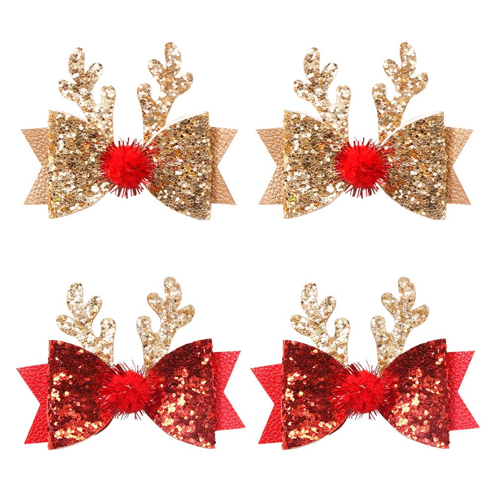 Ulfanit Christmas Hair Clips, Red Gold Sequined Bow Antler Hair Clip Hairpin Xmas Gift, Cute Sparkly Hair Accessories Christmas Costume, New Year, Winter Holiday Celebration, Birthday Party Gift