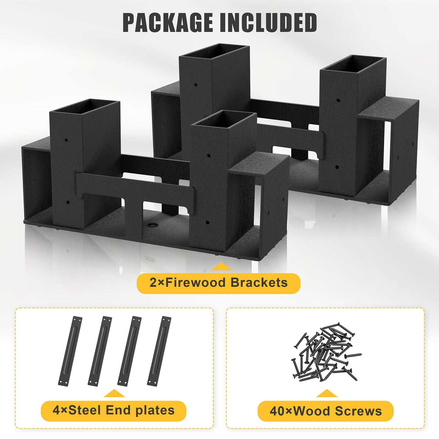 Jusgym Firewood Rack Outdoor Indoor, Heavy-Duty Plastic Firewood Rack Brackets Kit with 4 Support Bars, 3.5mm Thick Adjustable Fire Wood Storage Racks with Drainage Holes, Set of 2