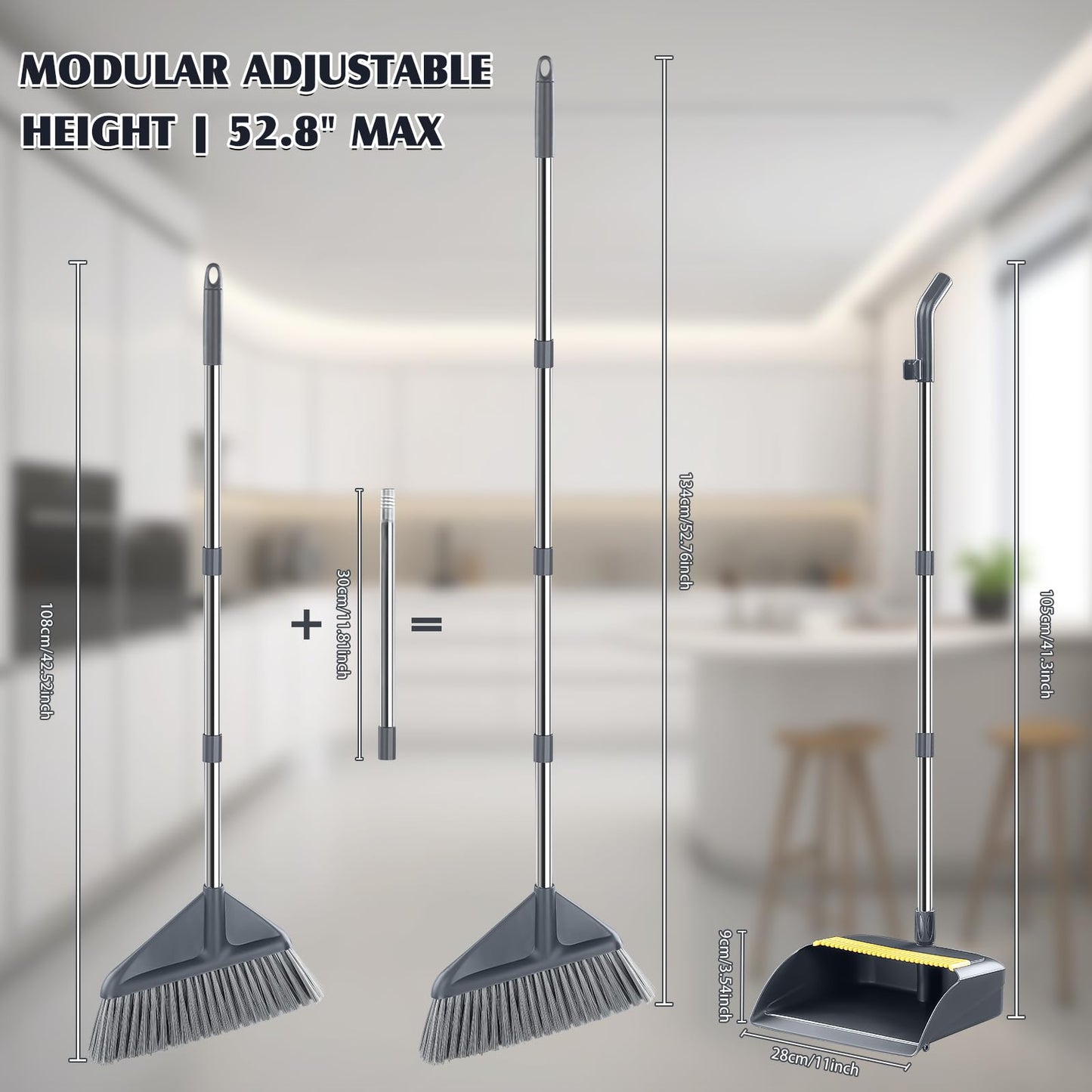 Broom and Dustpan Set for Home with 52 Inch Long Angled Handle - Stand Up Dustpan No Warping Metal Edge, Ergonomic Sweeping, 4 Layer Bristles and Hair Cleaning Teeth for Kitchen Office