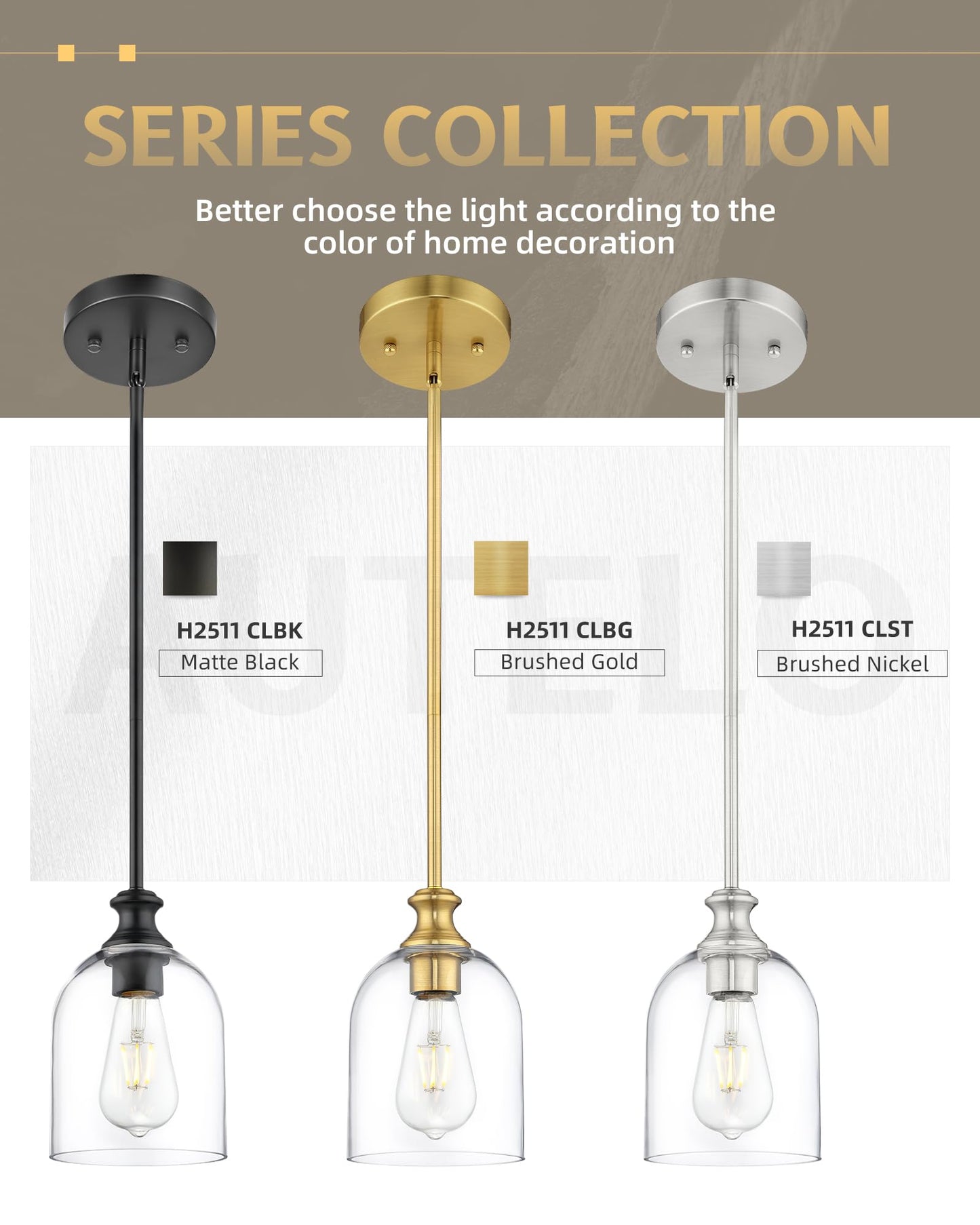 Autelo Gold Pendant Lights, 1-Light Pendant Lights Kitchen Island in Brushed Gold Finish with Clear Cylinder Glass, Vintage Pendant Light Fixtures, Vintage Hanging Lights for Kitchen Island H2511 CLBG