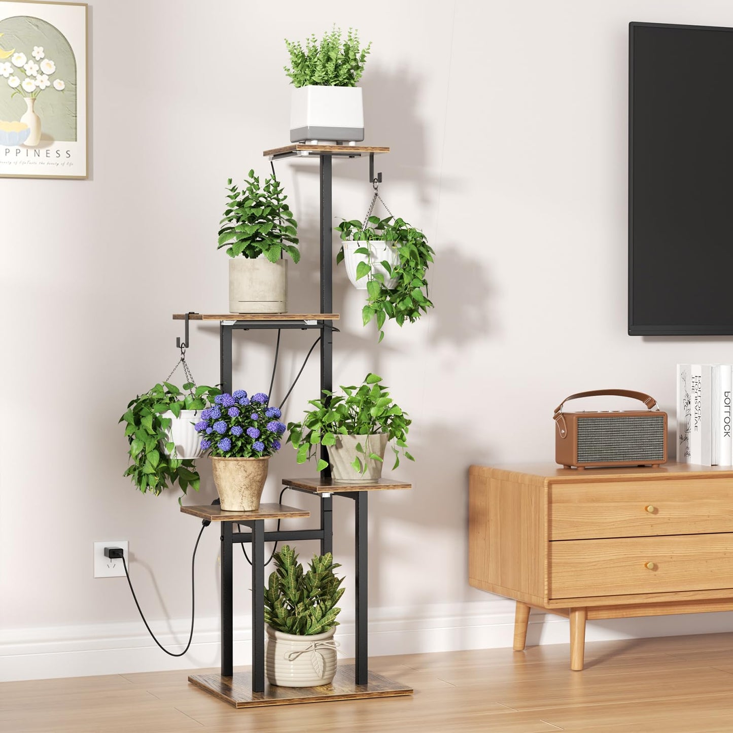 unlumm Plant Stand Indoor with Grow Lights, 46" Metal Corner Plant Shelf with 3 LED Lights, 2 Hanging Hooks, 5-Tiered Tall Plant Flower Holders for Living Room, Garden, Patio (Black Brown)