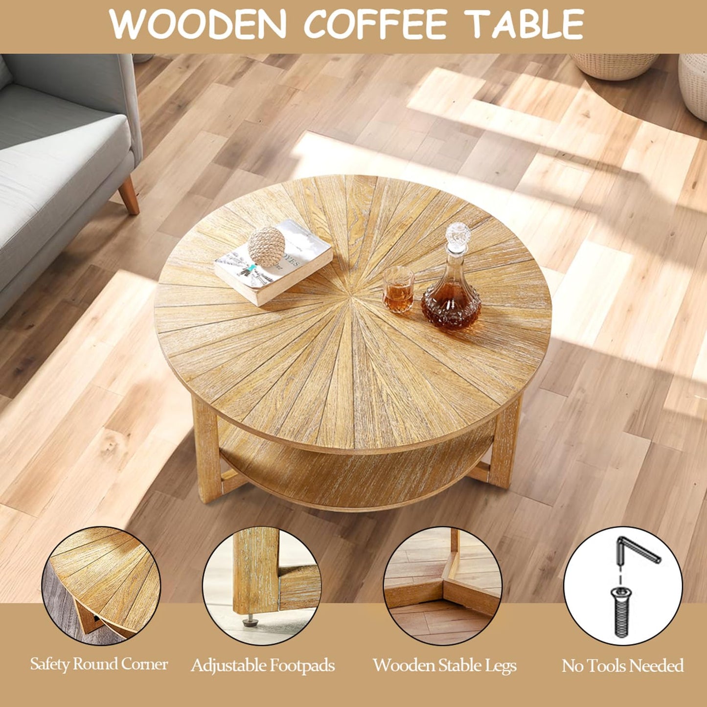DS-HOMEPORT Round Coffee Table, 35" Circle Wood Coffee Table with Storage Shelf, 2 Tier Center Table for Living Room Apartment Home Furniture, Easy Assembly (Light Brown,35" Dx35 Wx18 H)