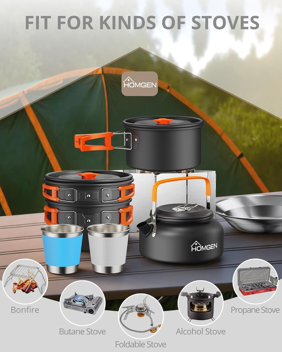HOMGEN Portable Camping Cooking Set with Folding Windscreen-Lightweight Aluminum Camp Pots and Pan-800ml Teapot- 2 Cups & Plates- Complete Camping Mess Kit for Hiking Picnic Camping RV Trevel Trip